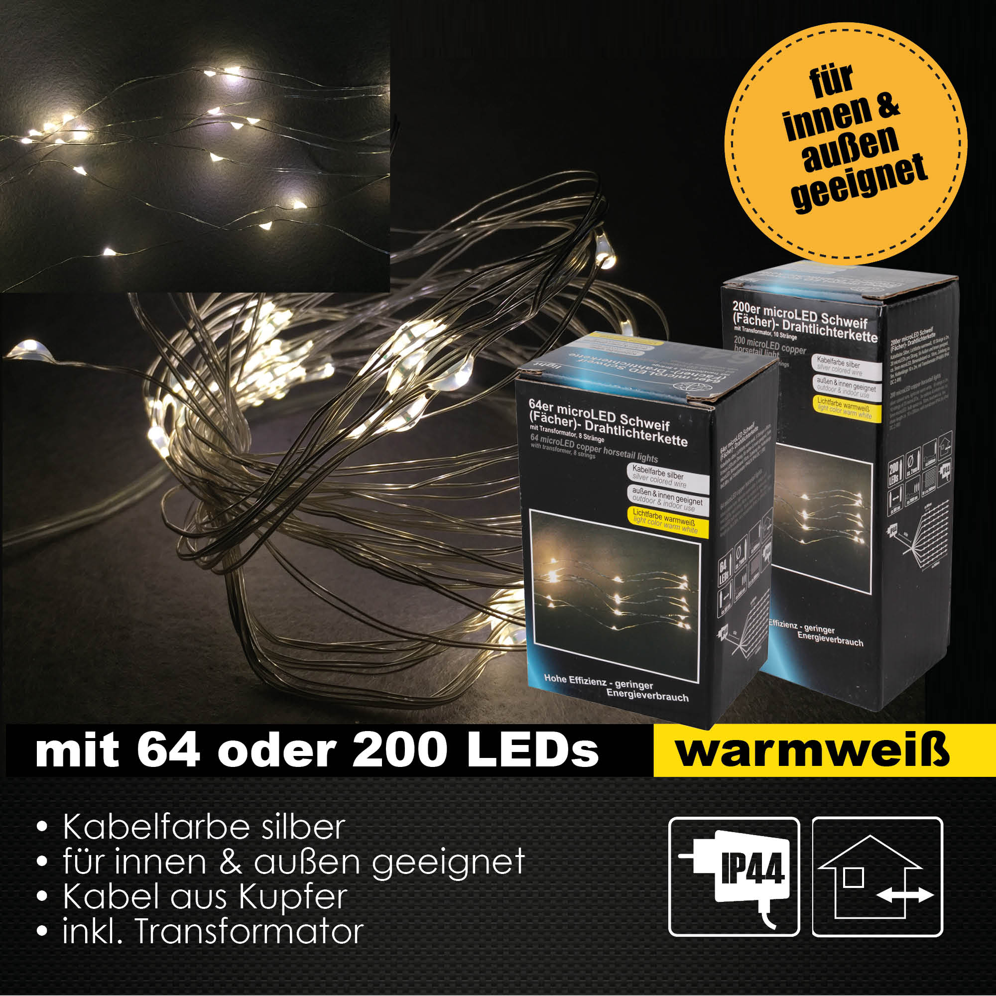 64/200 Micro LED Schweif Drahtlichterkette Außen & Innen Lichterkette IP44 Deko