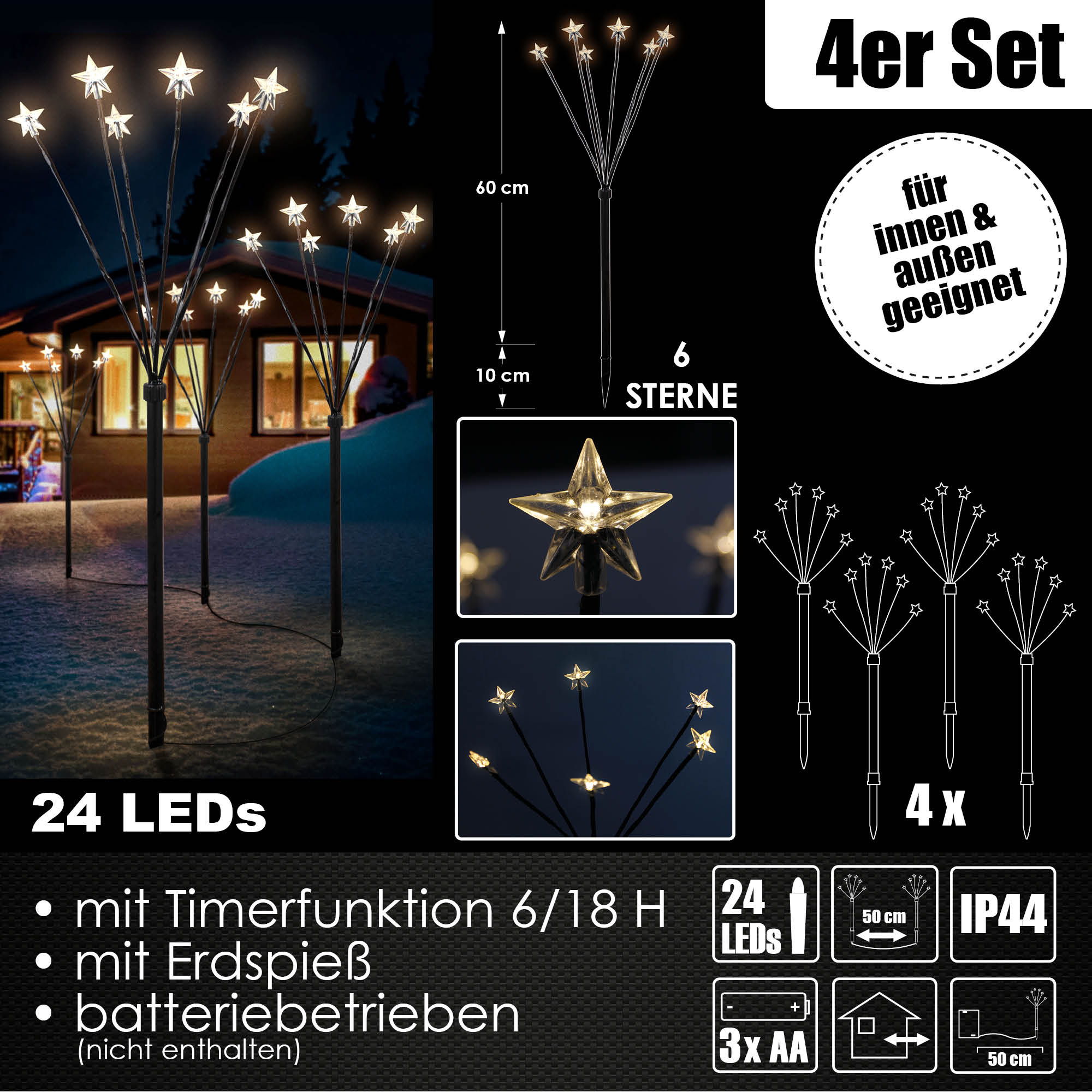 4x LED Sternenfächer-Stäbe 60cm Batterie Timer Lichterkette Weihnachtsdeko Licht