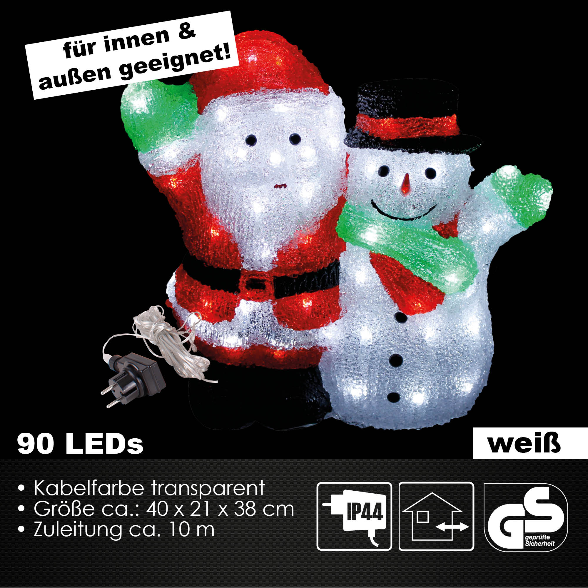 LED Acryl Figur Santa Claus u. Schneemann 38cm beleuchtet 90LEDs Weihnachtsdeko