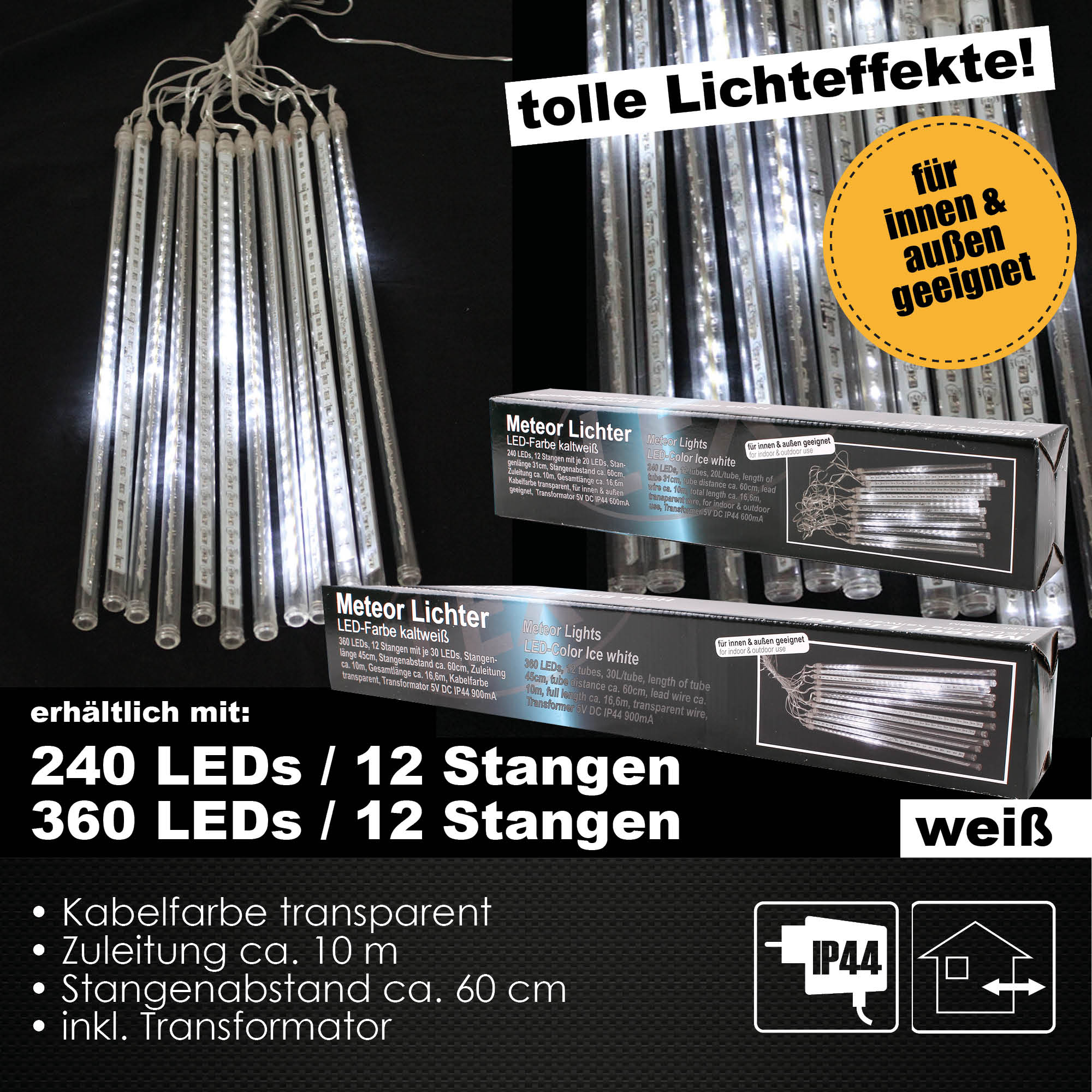 LED Meteorschauer Lichterregen Innen & Außen Lichterkette weiss 240/360LED´s