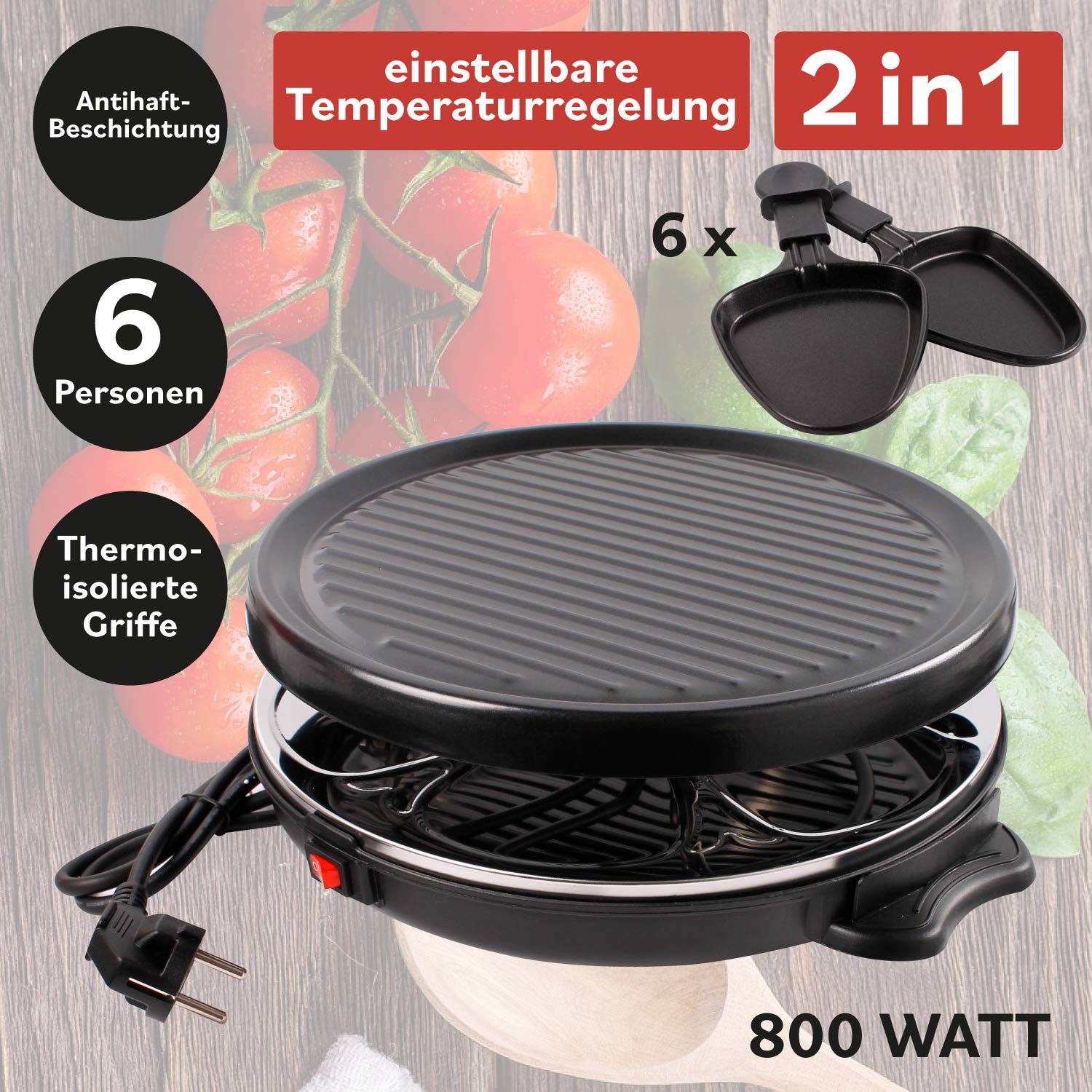 Raclette Grill Tischgrill Löwenthal 2 in 1 inkl. 6  Pfännchen 6 Personen 800W