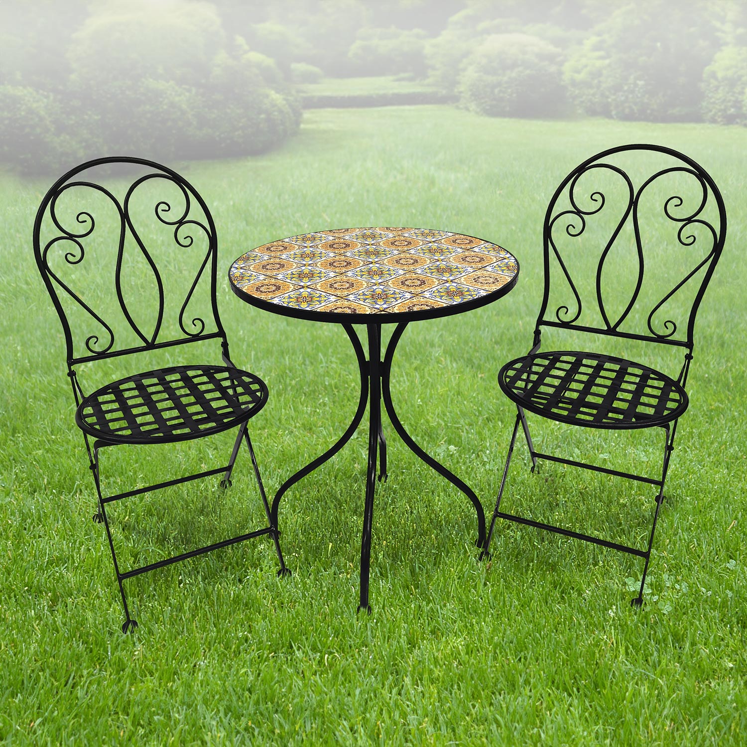 Mosaik Gartenset Gartenstühle Mosaiktisch wählbar Rustikal Rund klappbar
