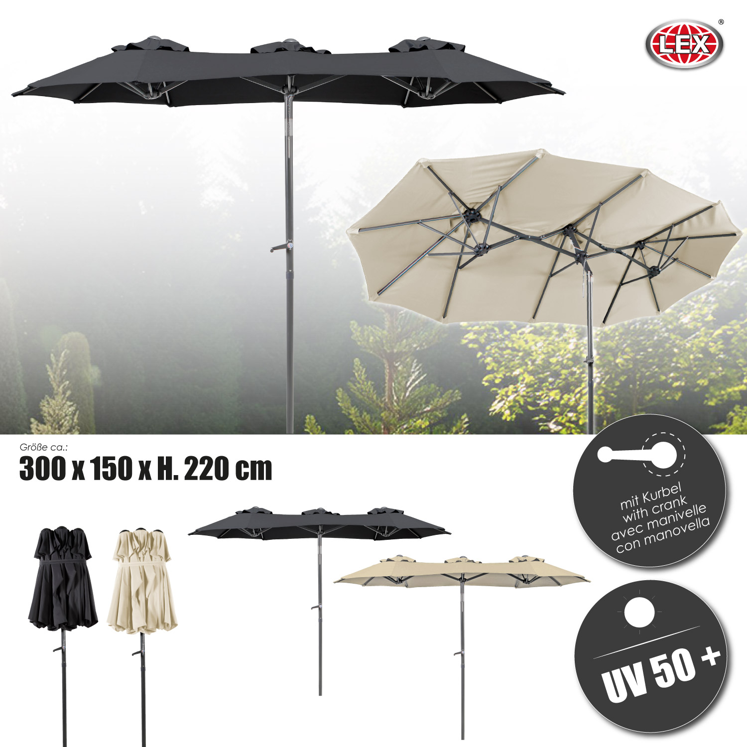 Doppelschirm Sonnenschirm Kurbelschirm 3 x 1,5 m knickbar Garten Oval