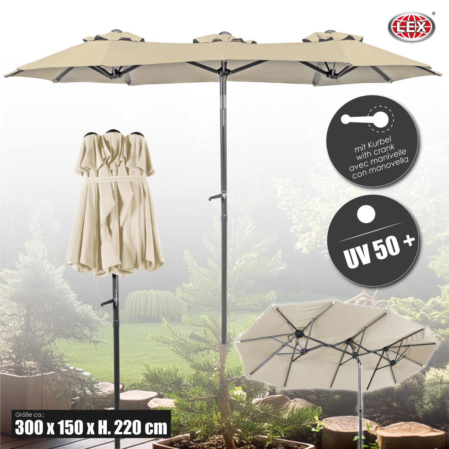 Doppelschirm Sonnenschirm Kurbelschirm 3 x 1,5 m knickbar Garten Oval beige