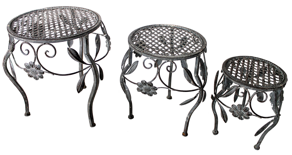 Hocker Set 3tlg. Gartendeko Eisenhocker Pflanzenständer Blumenhocker grau braun