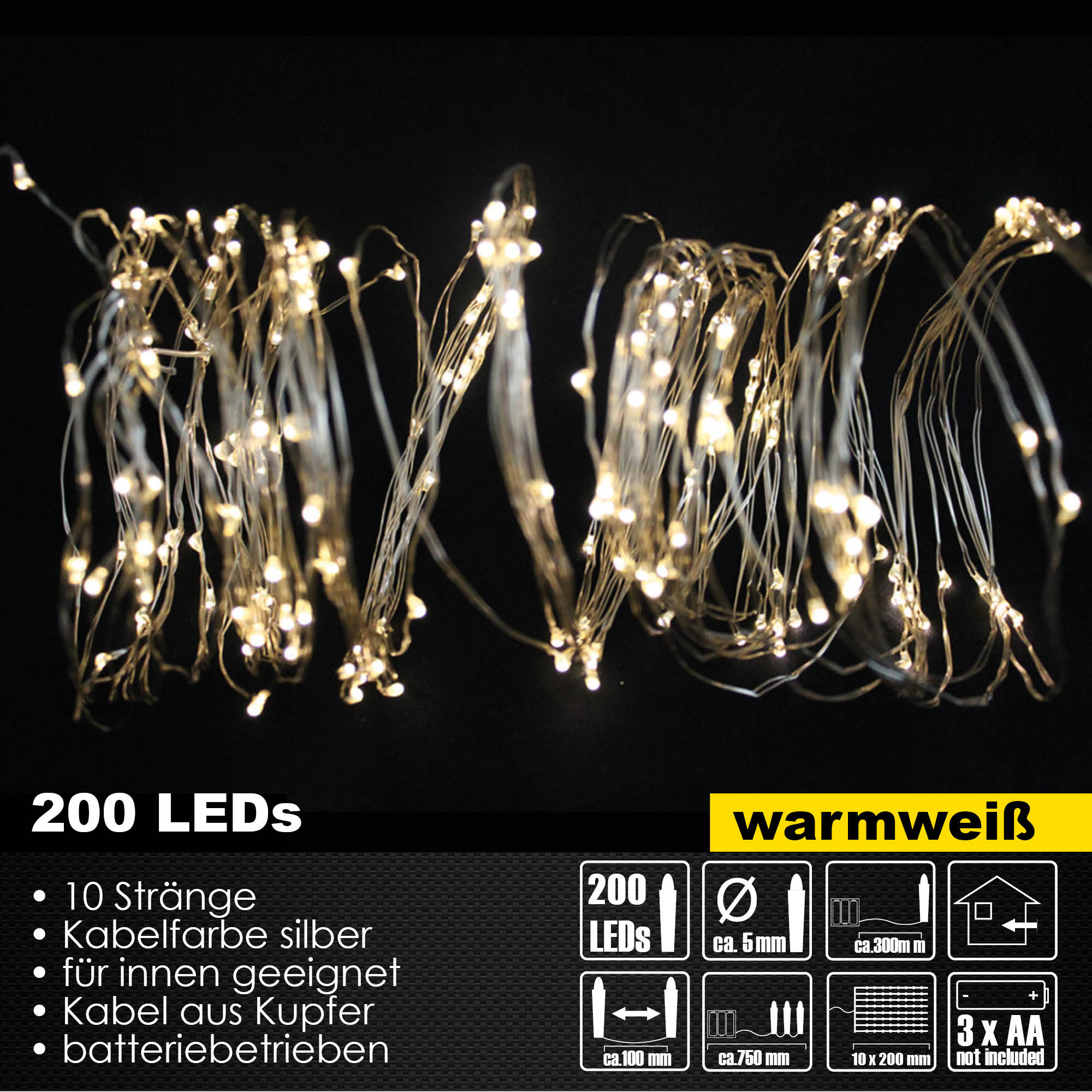 200er Micro LED Schweif Drahtlichterkette Batterie Lichterkette Deko warmweiß