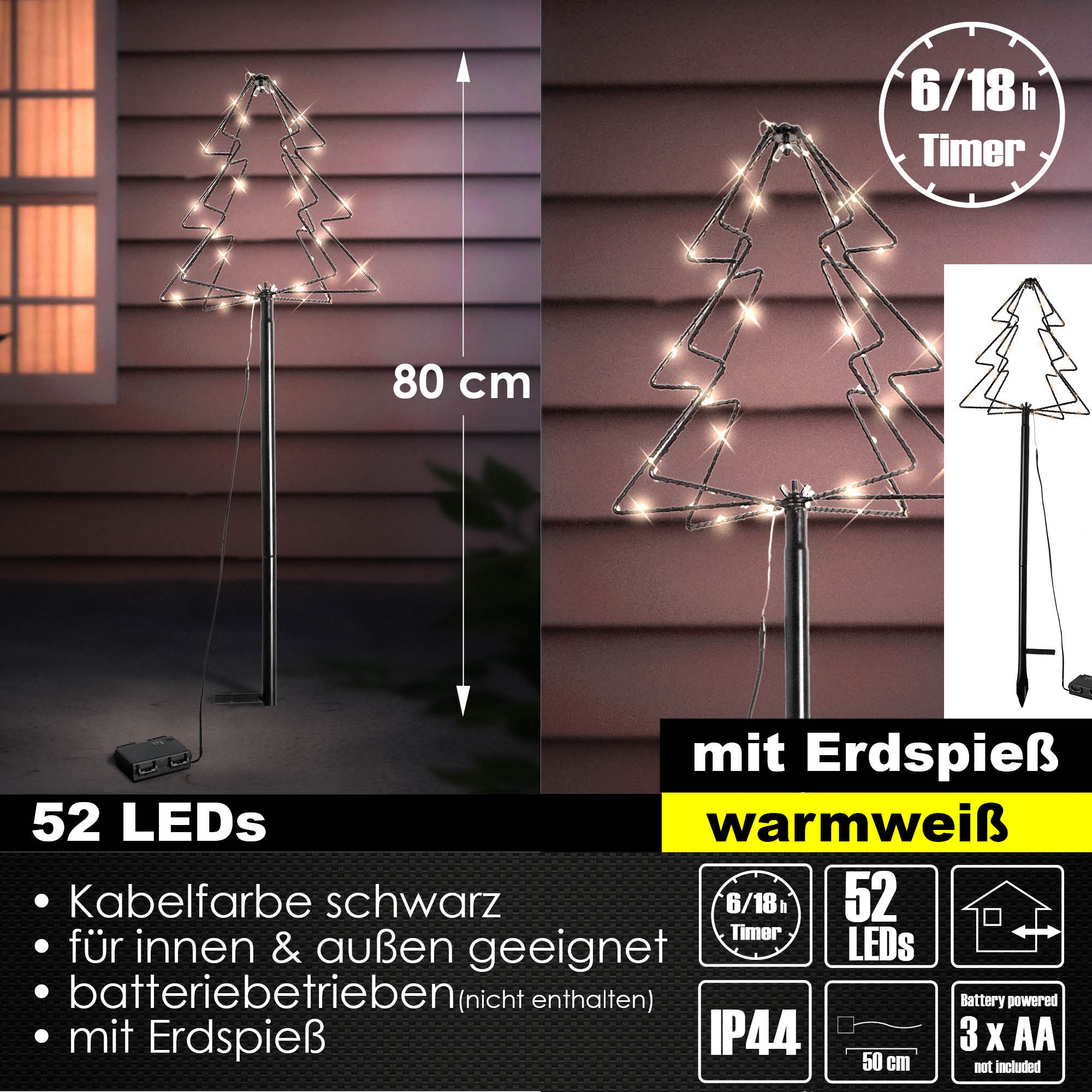 80 cm LED Gartenfigur Baum aus Metall Lichterbaum Batterie Leuchtbaum In-Outdoor