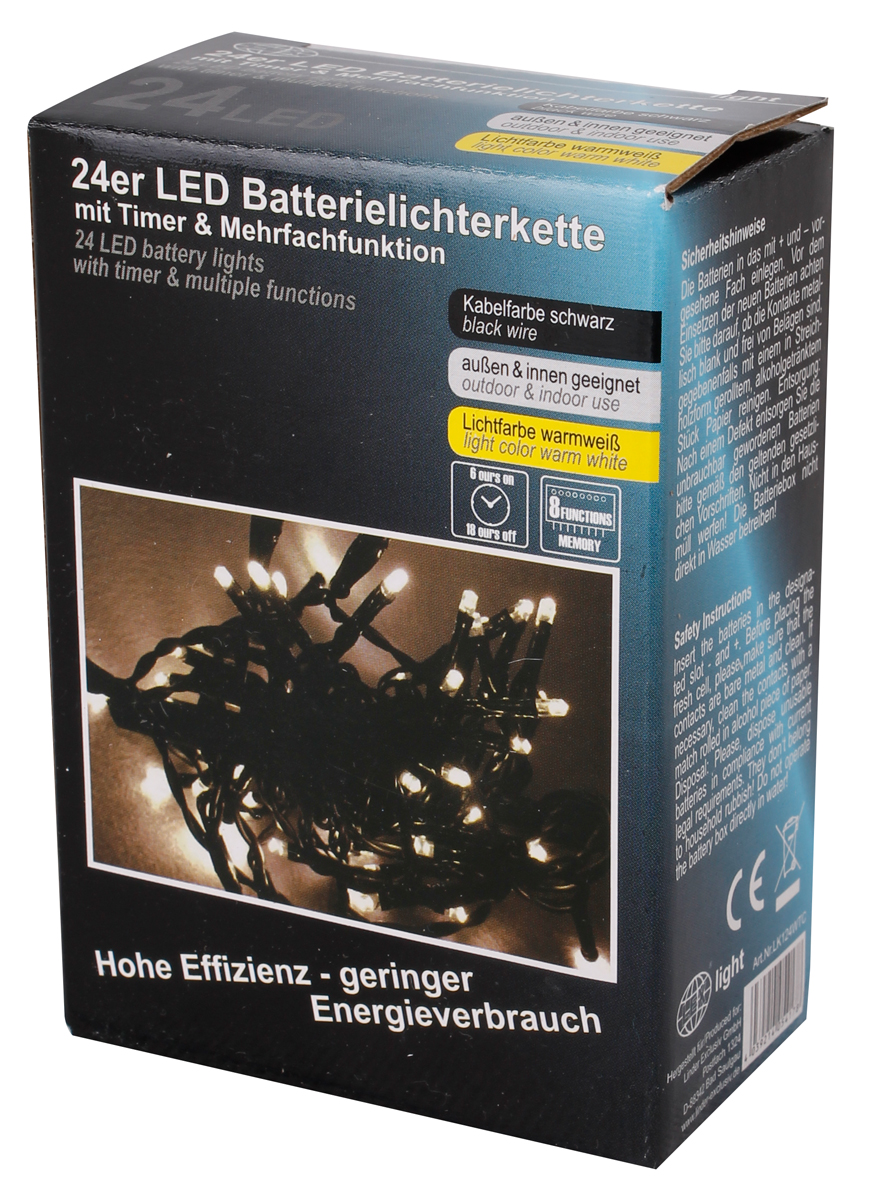 24er LED Lichterkette Timer 8 Lichteffekte Batteriekette Außen & Innen warmweiß