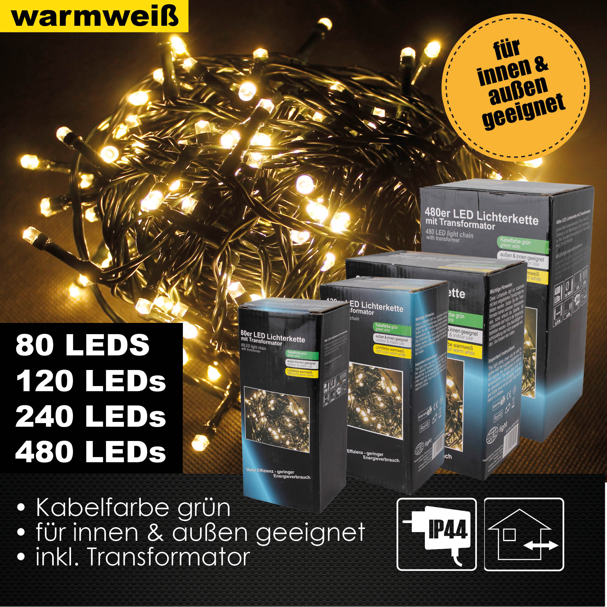 80/120/240/480er LED Lichterkette für Außen Innen Deko IP44 Weihnachten warmweiß