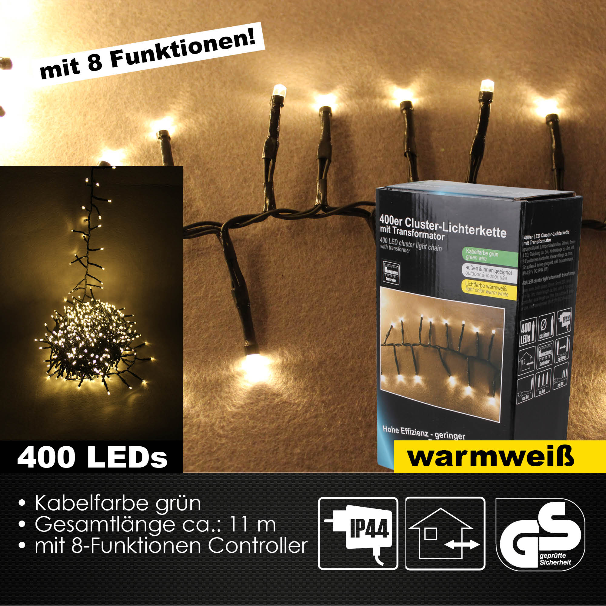 400er Cluster LED Lichterkette Außen & Innen 8 Lichteffekte Deko IP44 warmweiß