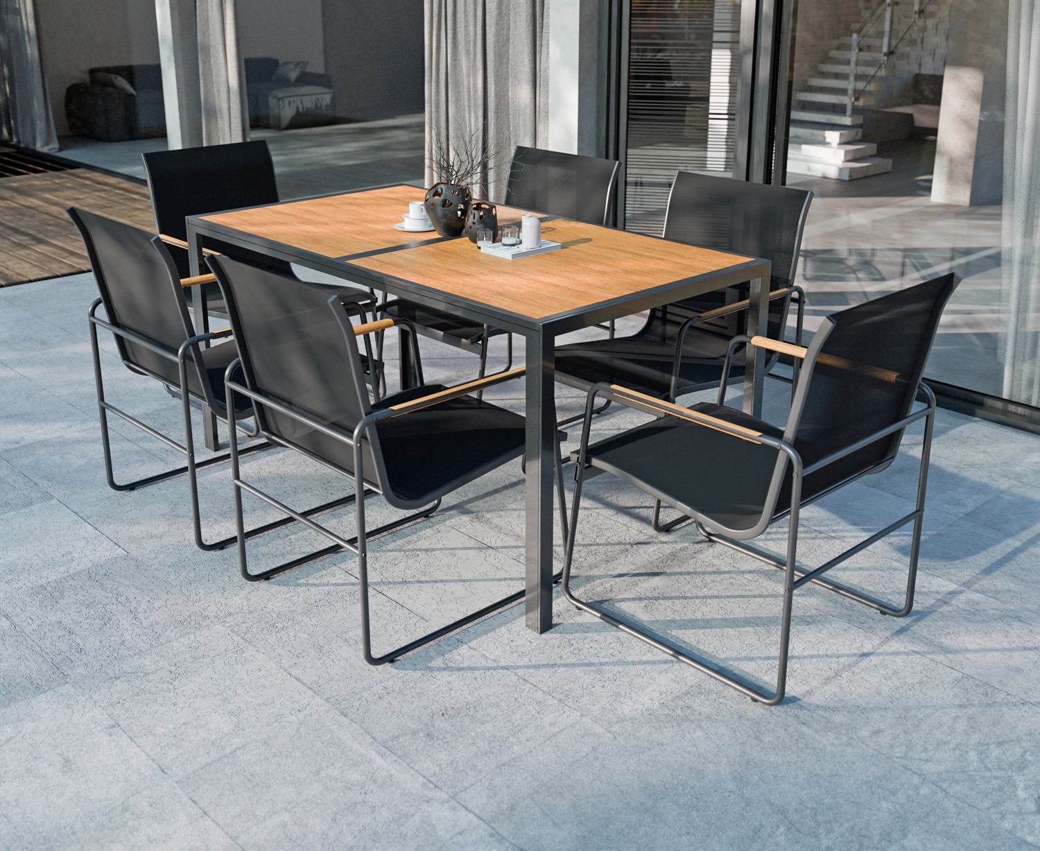 Lounge Set 7tlg. Outdoor Gartenlounge Sitzgruppe Sitzbank Esstisch Holzoptik