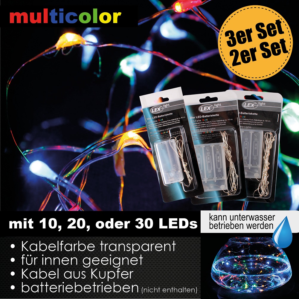 10/20/30er LED Lichterkette Set Batteriekette Party Wasser Beleuchtung Deko bunt