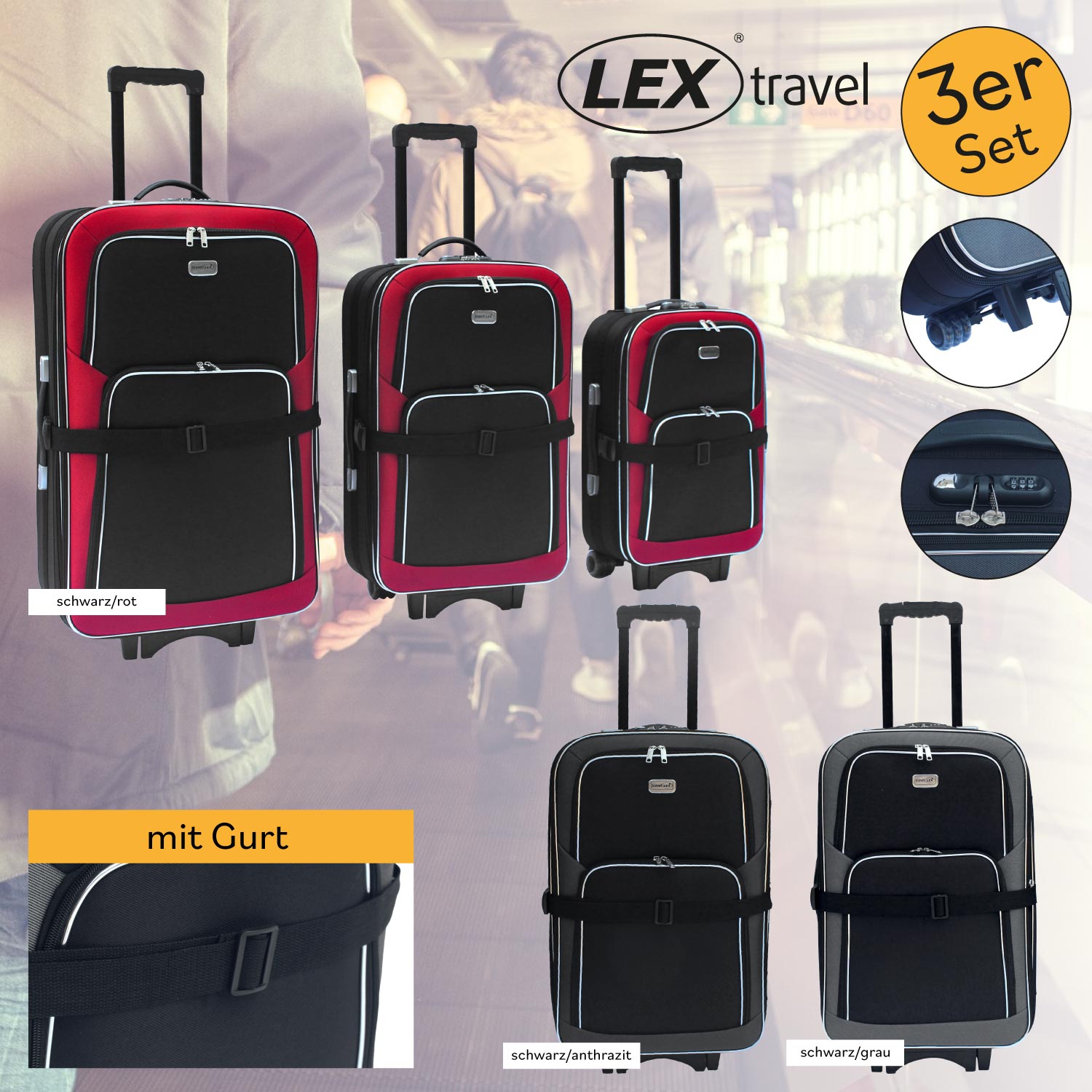 LEX 3tlg. EVA 600D Reisekoffer Set Trolley Reisetasche Reisegepäck Koffergurt