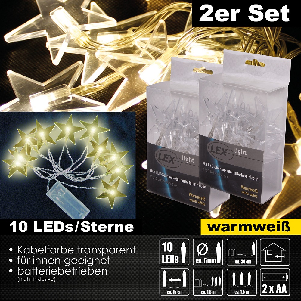 2x 10er LED Sterne Lichterkette Set Batteriekette Beleuchtung Deko warmweiß