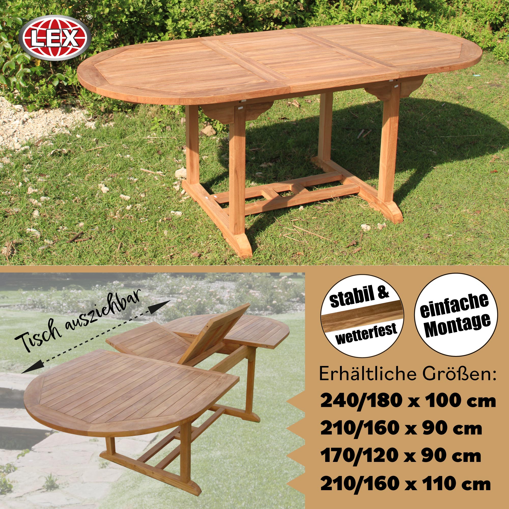 Teak Tisch Gartentisch Garten ausziehbar Esstisch Holztisch Größe wählbar