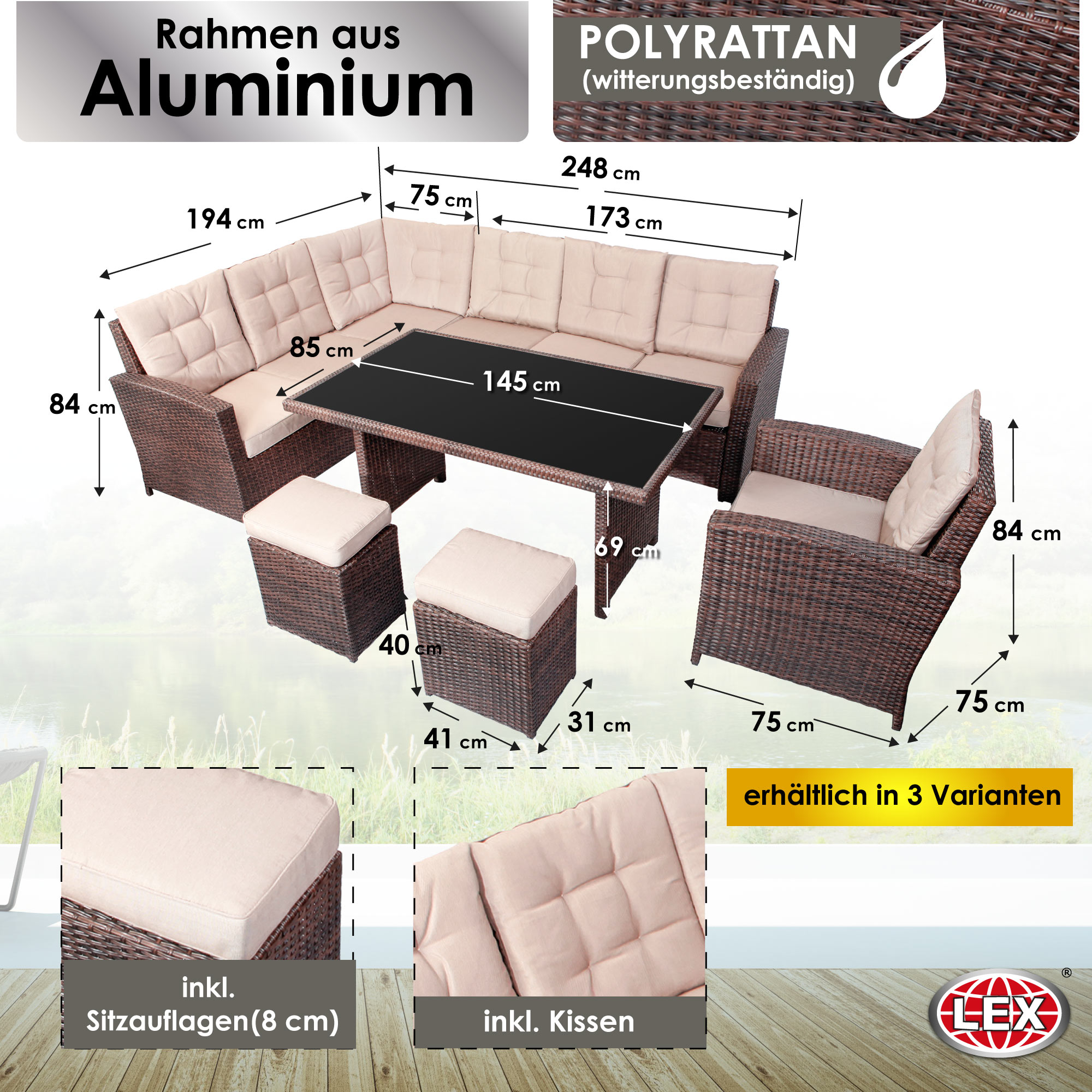 XXL Alu Polyrattan Terrassen Lounge Gartenlounge Sitzgruppe Glastisch 5/4/2-tlg.
