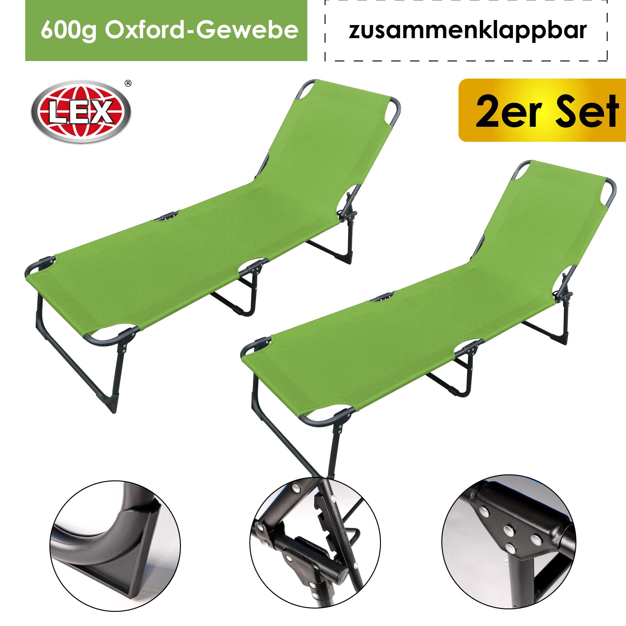 2er-Set Gartenliege 3-Bein Sonnenliege 188cm Strandliege Liegestuhl klappbar