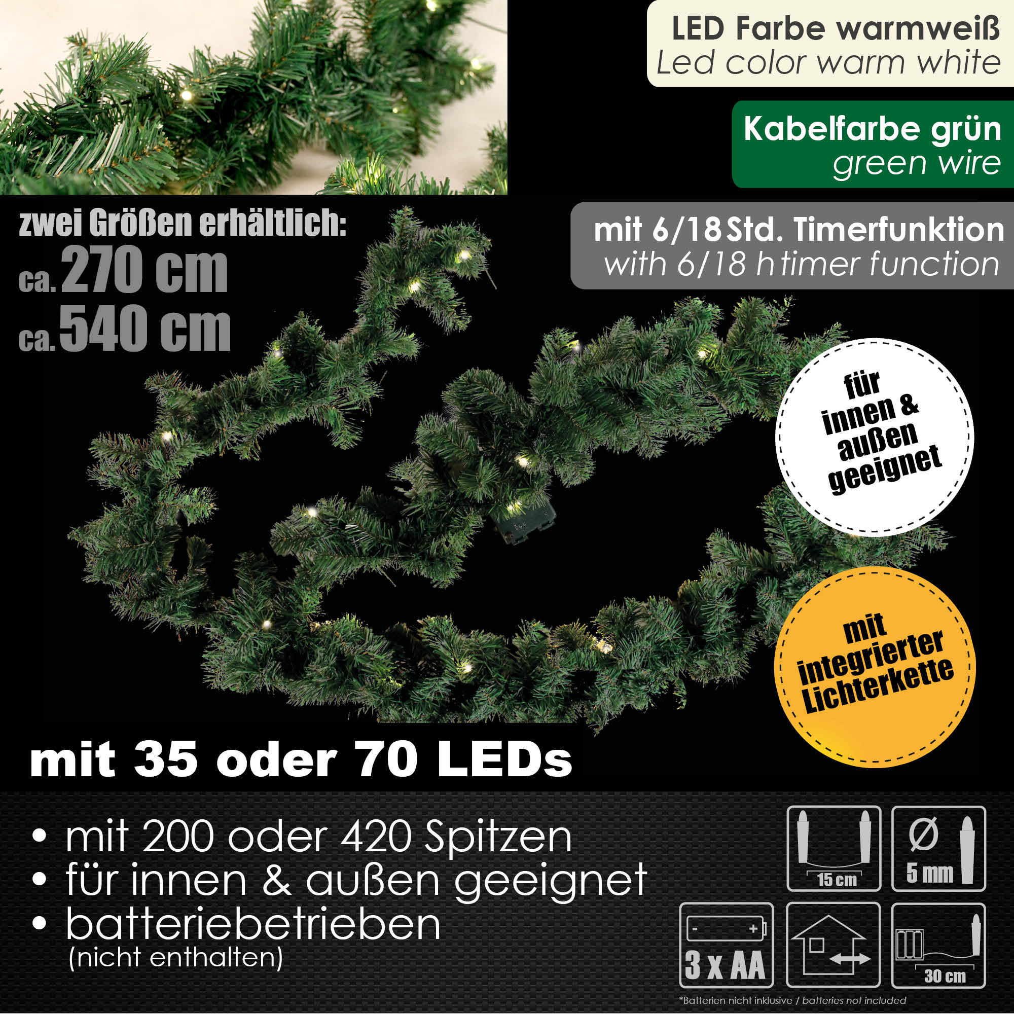 2,7/5,4m LED Weihnachtsgirlande für Außen & Innen Batterie Timer Lichterkette