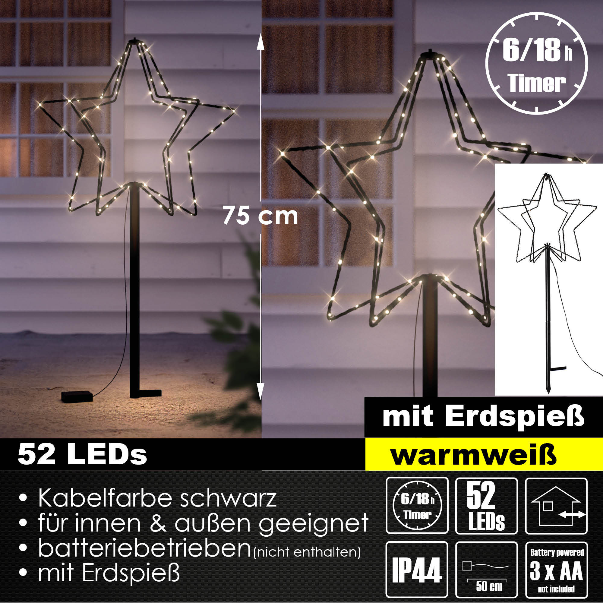 75 cm LED Gartenfigur Stern Metall Lichterstern Batterie Leuchtstern In-Outdoor