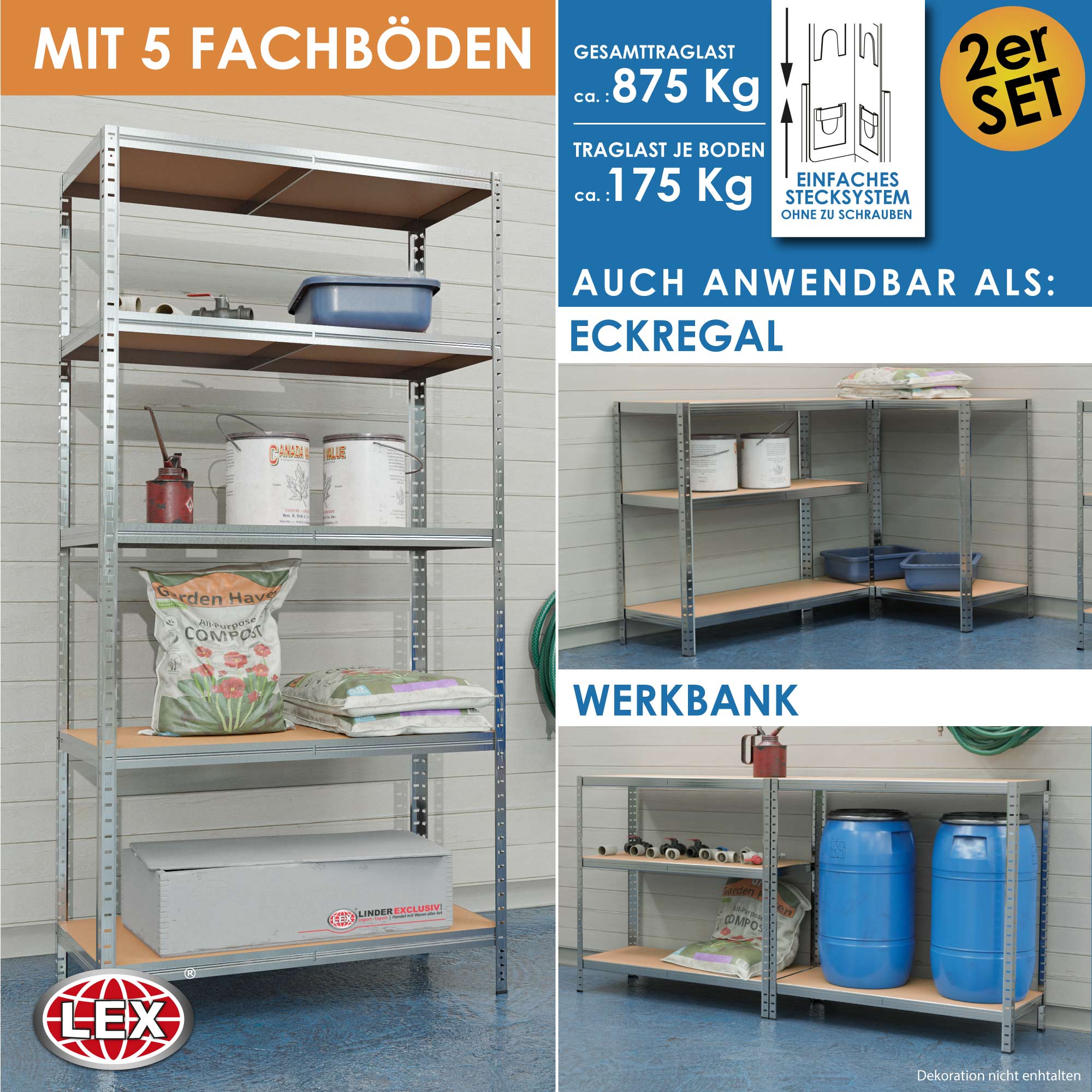 2er Set Schwerlastregal Werkstattregal Kellerregal verzinkt Steckregal Regalsystem silber
