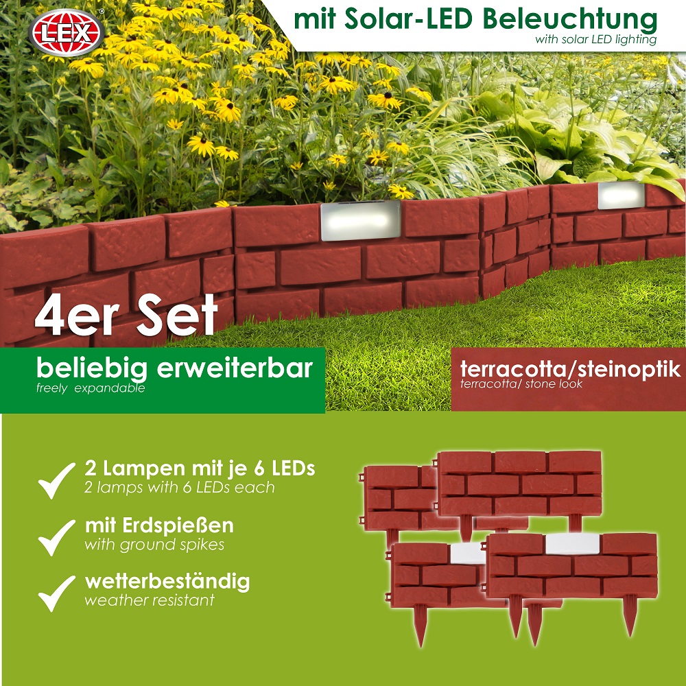 Beetumrandung 4er Set Rasenkante Garten Beeteinfassung Solar Beleuchtung braun