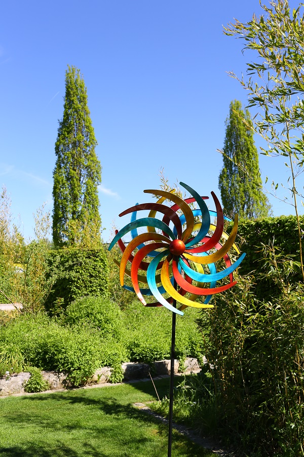 XXL Metall Doppel Windrad Windspiel Gartendeko Balkon Terrasse 210x61cm bunt