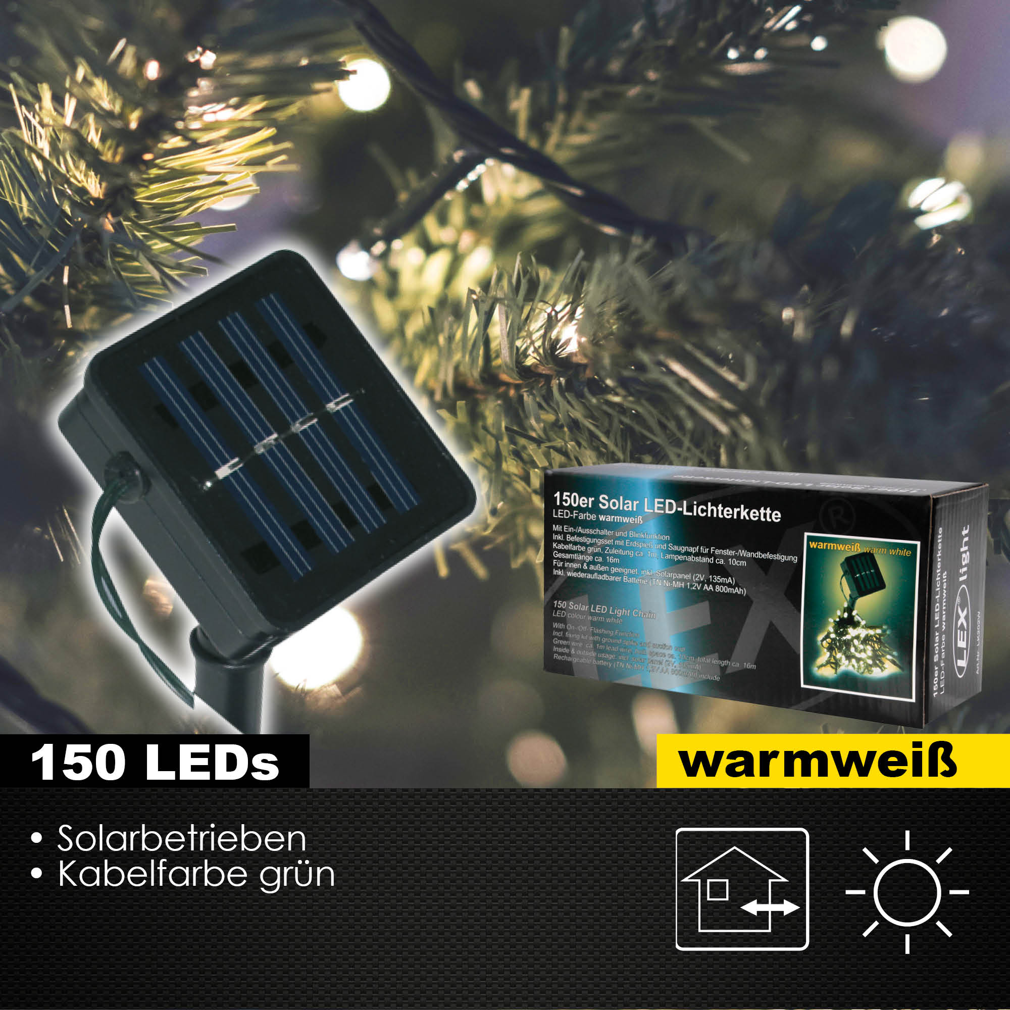 150er Solar LED Lichterkette Innen Außen Gartenbeleuchtung Party Outdoor warmweiß