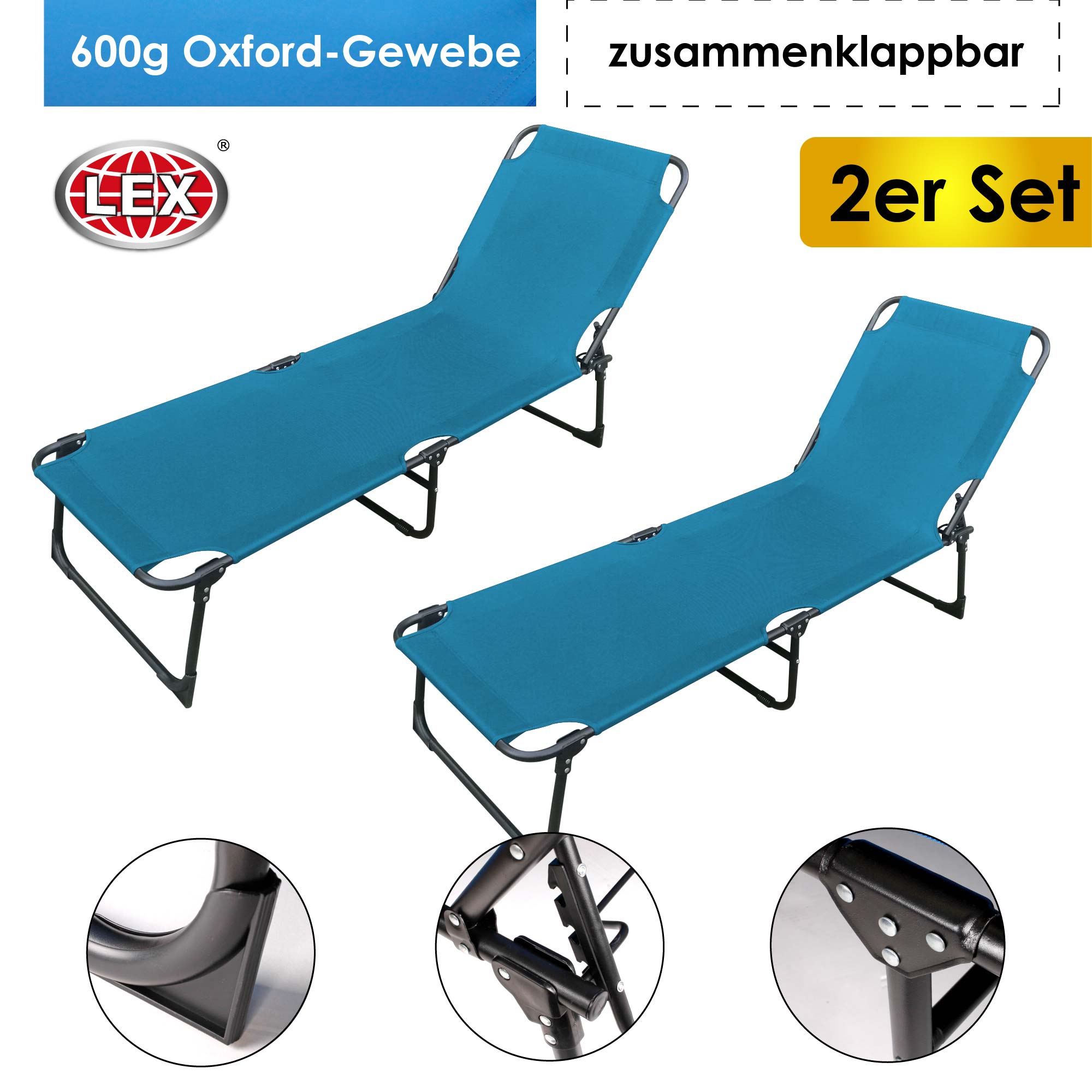 2er-Set Sonnenliege 3-Bein Gartenliege Strandliege Liegestuhl klappbar 188cm