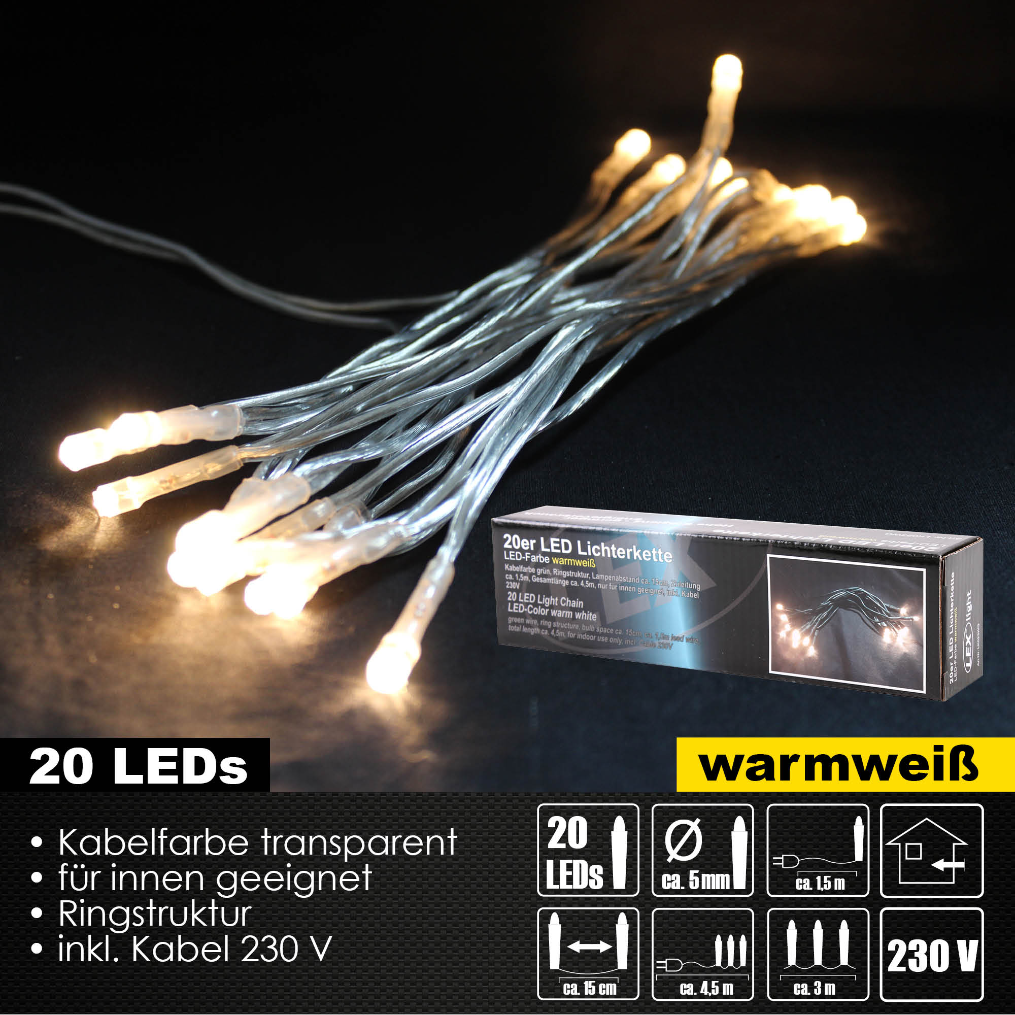 20er LED Lichterkette transp. Kabel Innen Partylichterkette Beleuchtung warmweiß