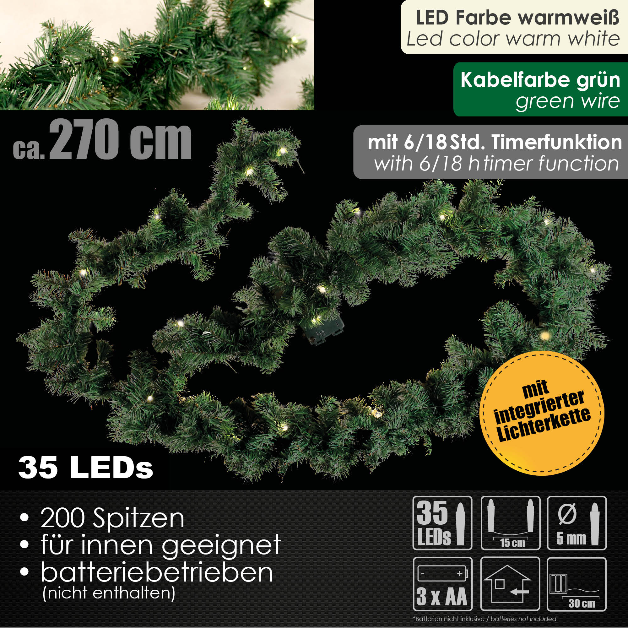 2,7m Weihnachtsgirlande 200 Spitzen 35 LED Batterie Lichterkette Weihnachtsdeko