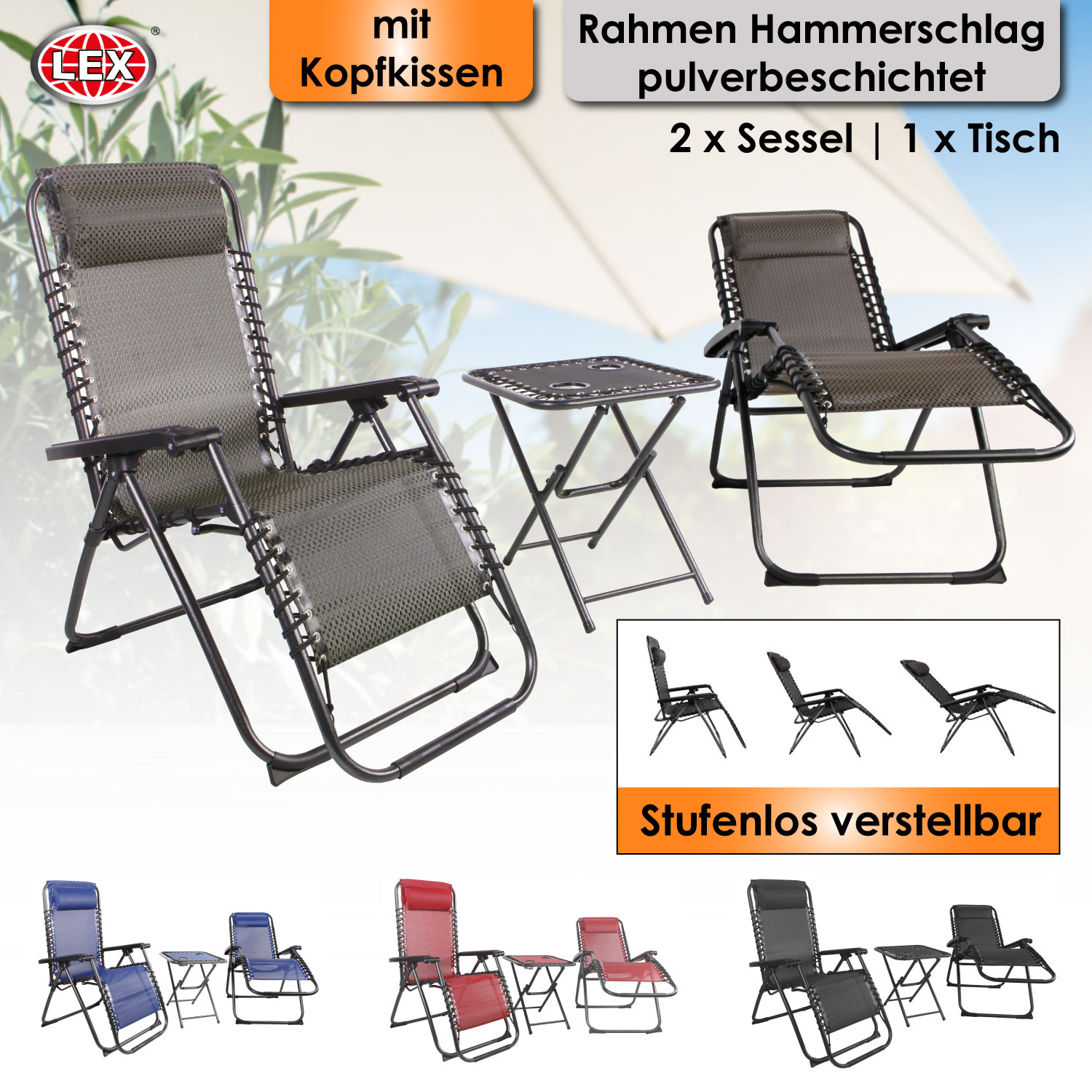 3 tlg. Relax Set Sessel m. Kopfkissen Tisch Gartenstuhl Gartenmöbel Liegesessel