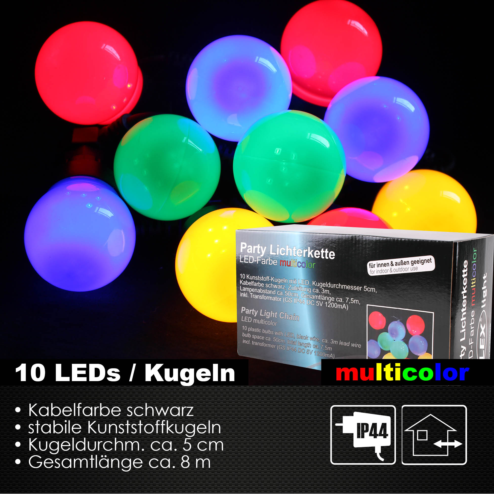 10er LED Partylichterkette Kugellichterkette Innen Außen Gartenparty bunt