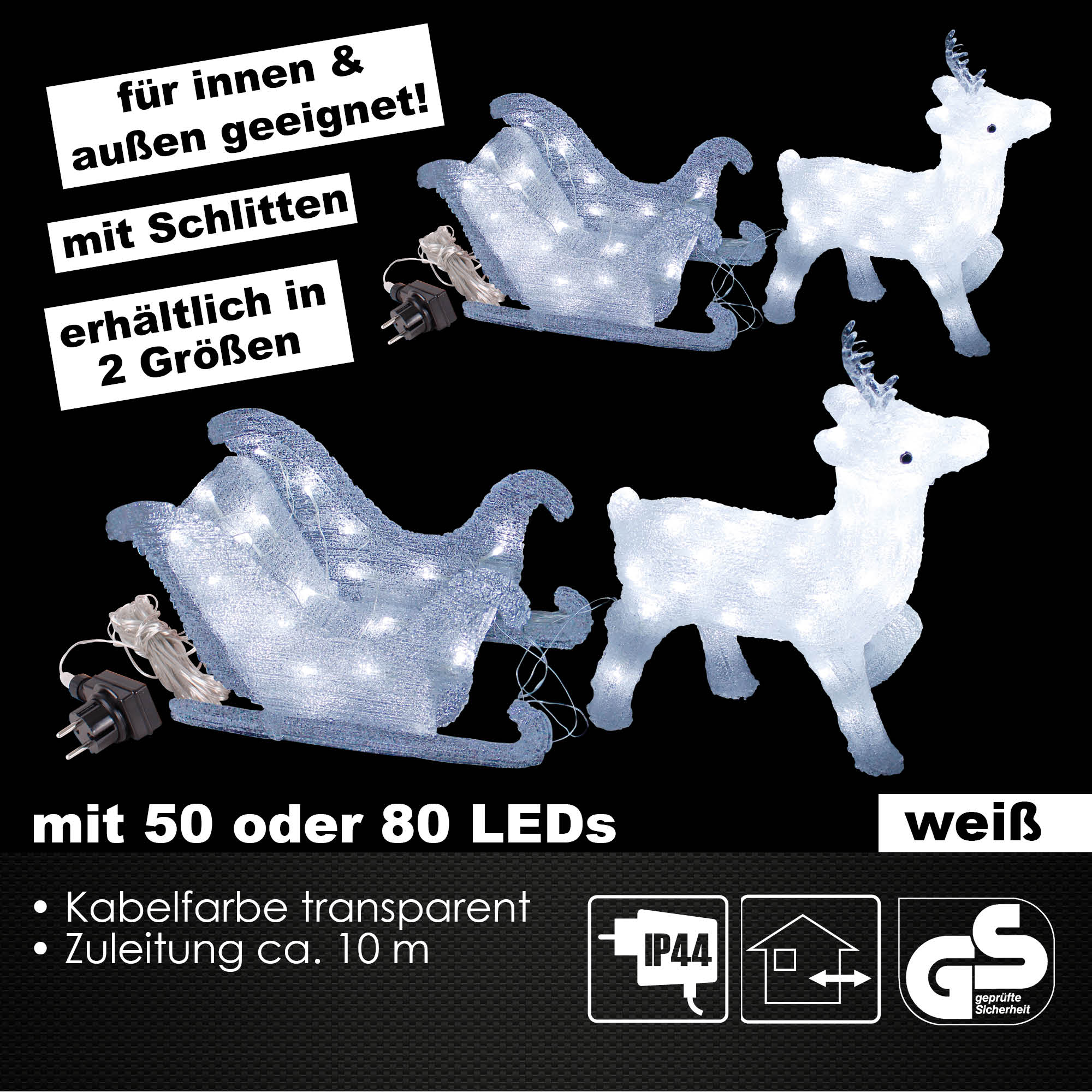 Weihnachtsfigur Rentier mit Schlitten Figur beleuchtet Weihnachtsdeko 50/80LEDs