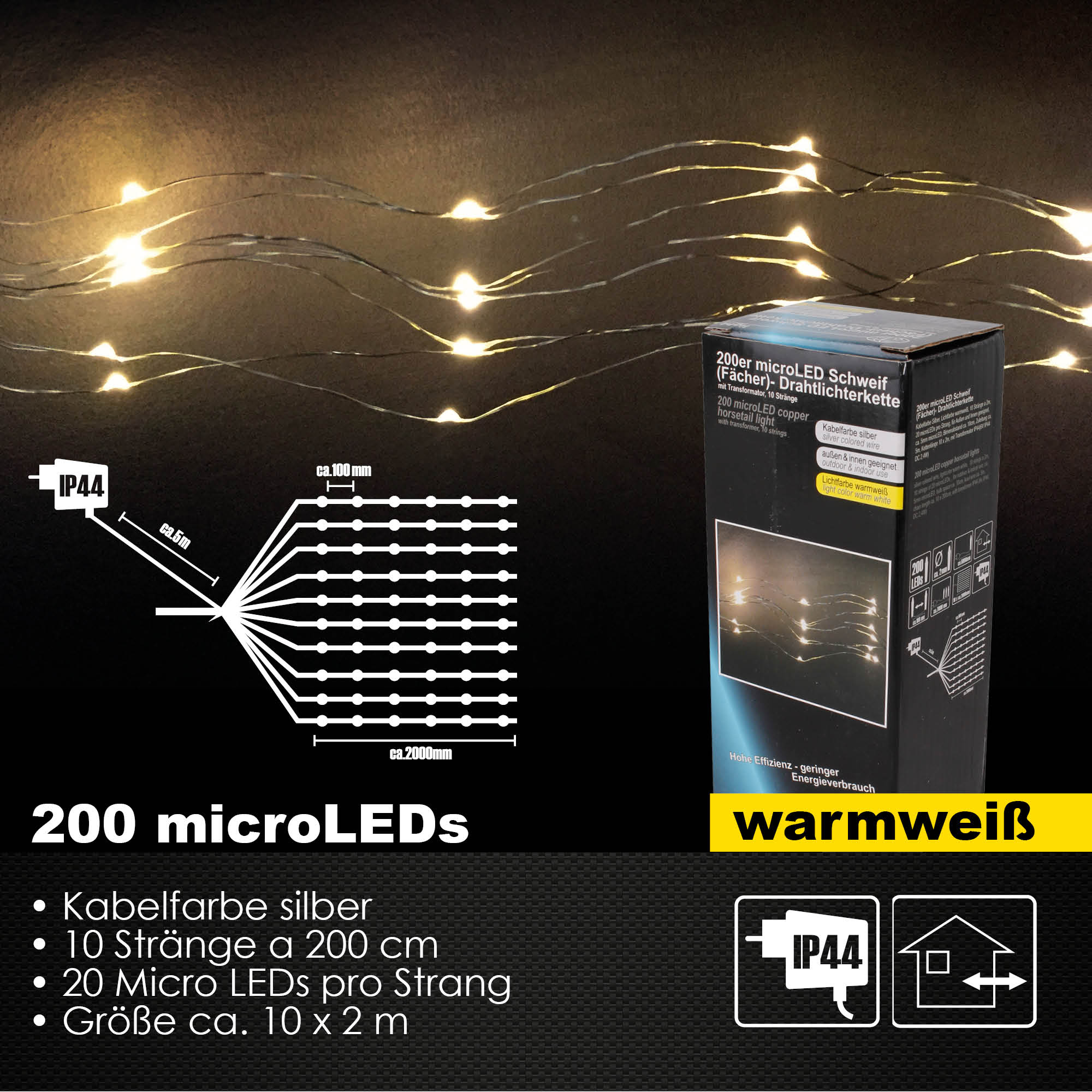 200er Micro LED Schweif Drahtlichterkette Außen & Innen Lichterkette IP44 Deko