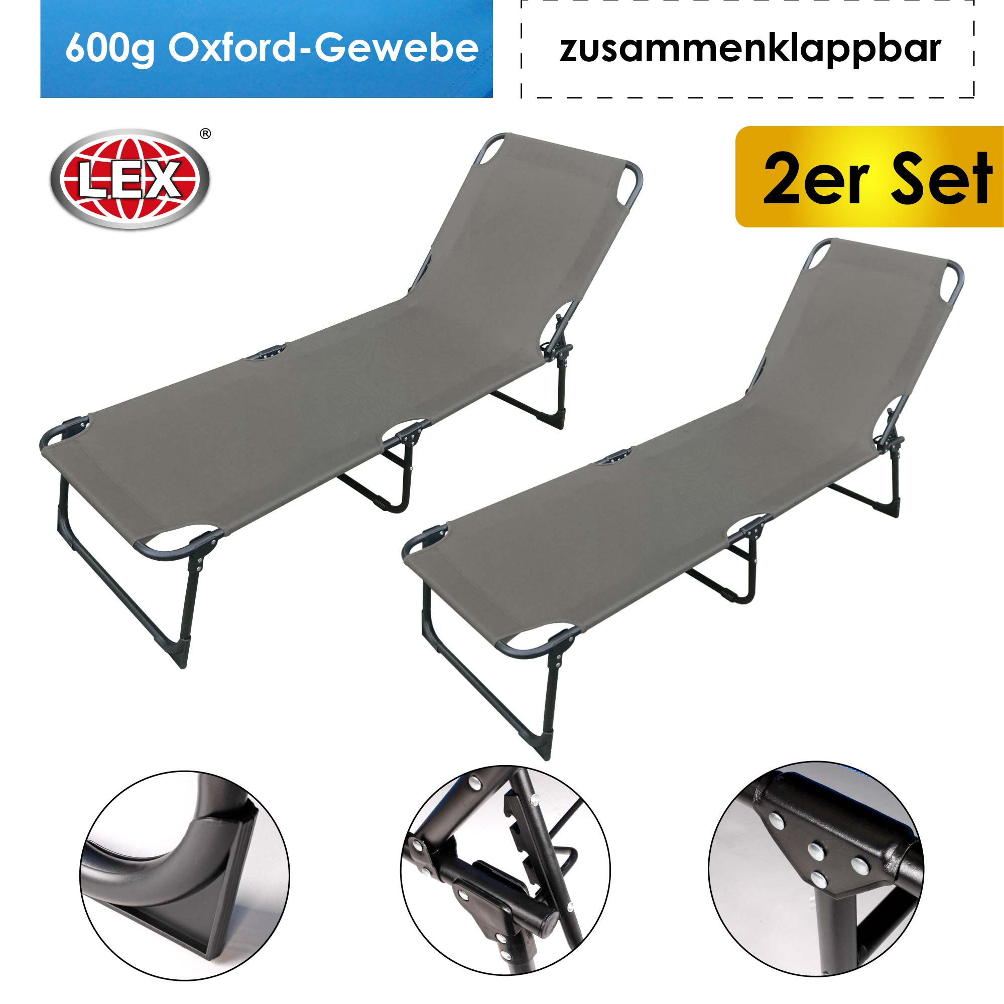 2er-Set Gartenliege 3-Bein Sonnenliege Strandliege klappbar Liegestuhl 188cm