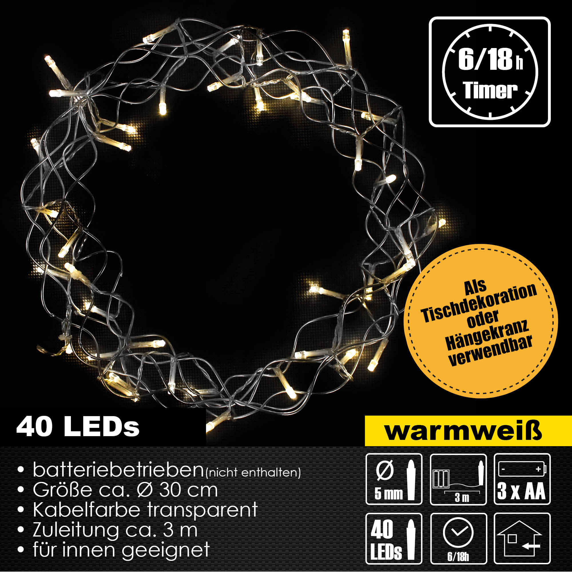40 LED Metallkranz Ø 30 cm Weihnachtskranz Lichterkette Batterie Deko Warmweiß