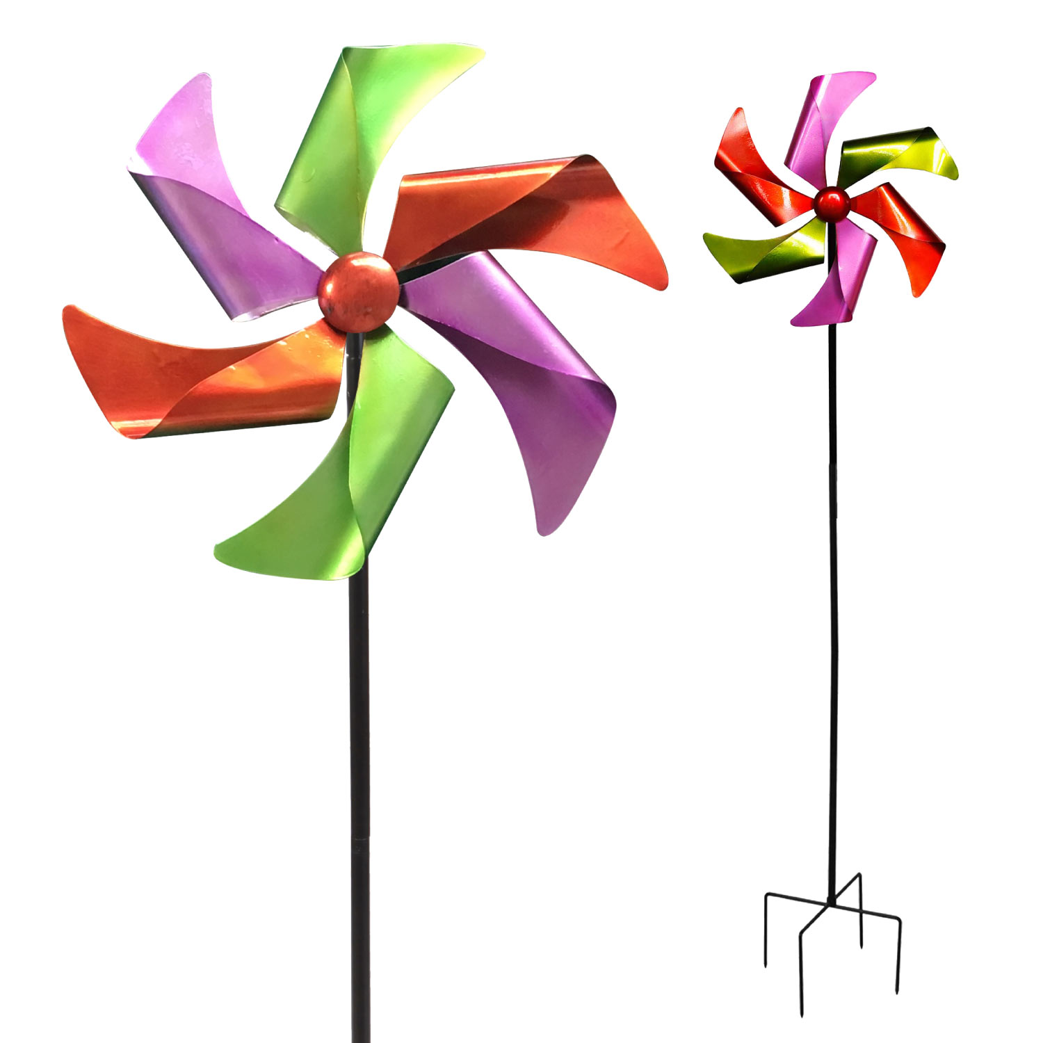 Windrad Windspiel Metall Gartendeko Balkon Terrasse Erdspieß grün violett rot