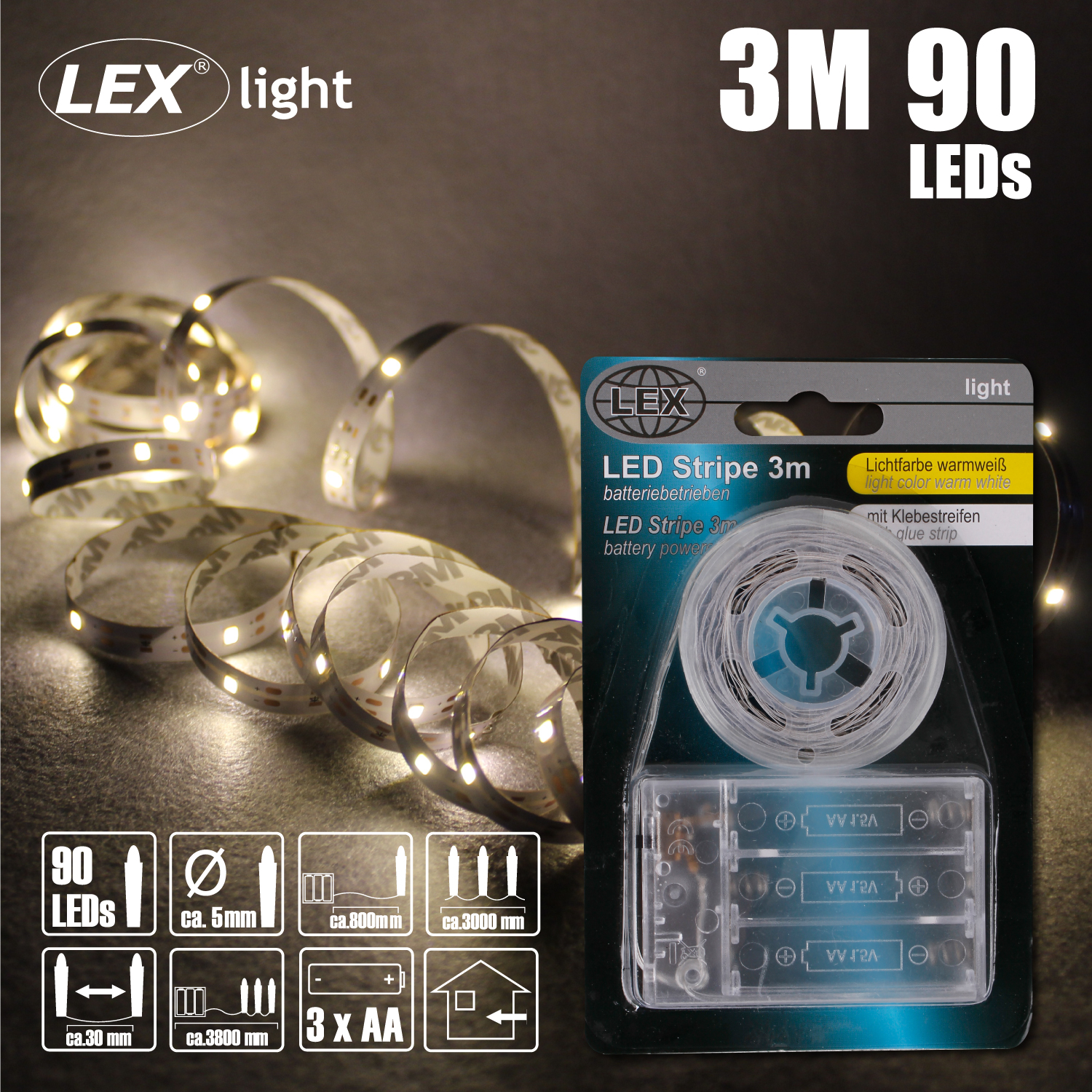 LED Lichterstreifen Lichtschlauch 3 Meter warmweiß Leiste Batteriebetrieben