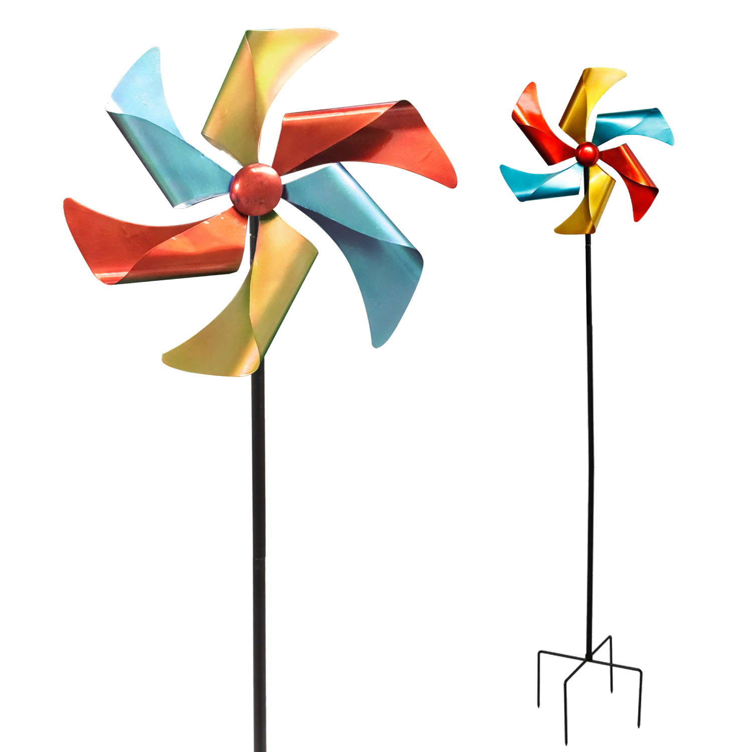 Windrad Windspiel Metall Gartendeko Balkon Terrasse Erdspieß rot gelb petrol