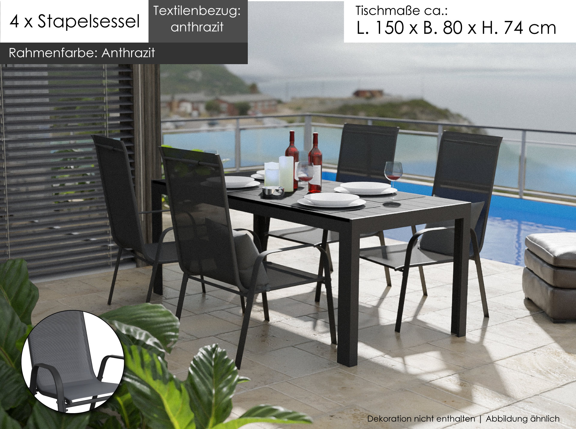 Gartenmöbel Set Sitzgruppe Alu Tisch 5-tlg. Essgruppe 4x Stapelsessel Gartenset anthrazit