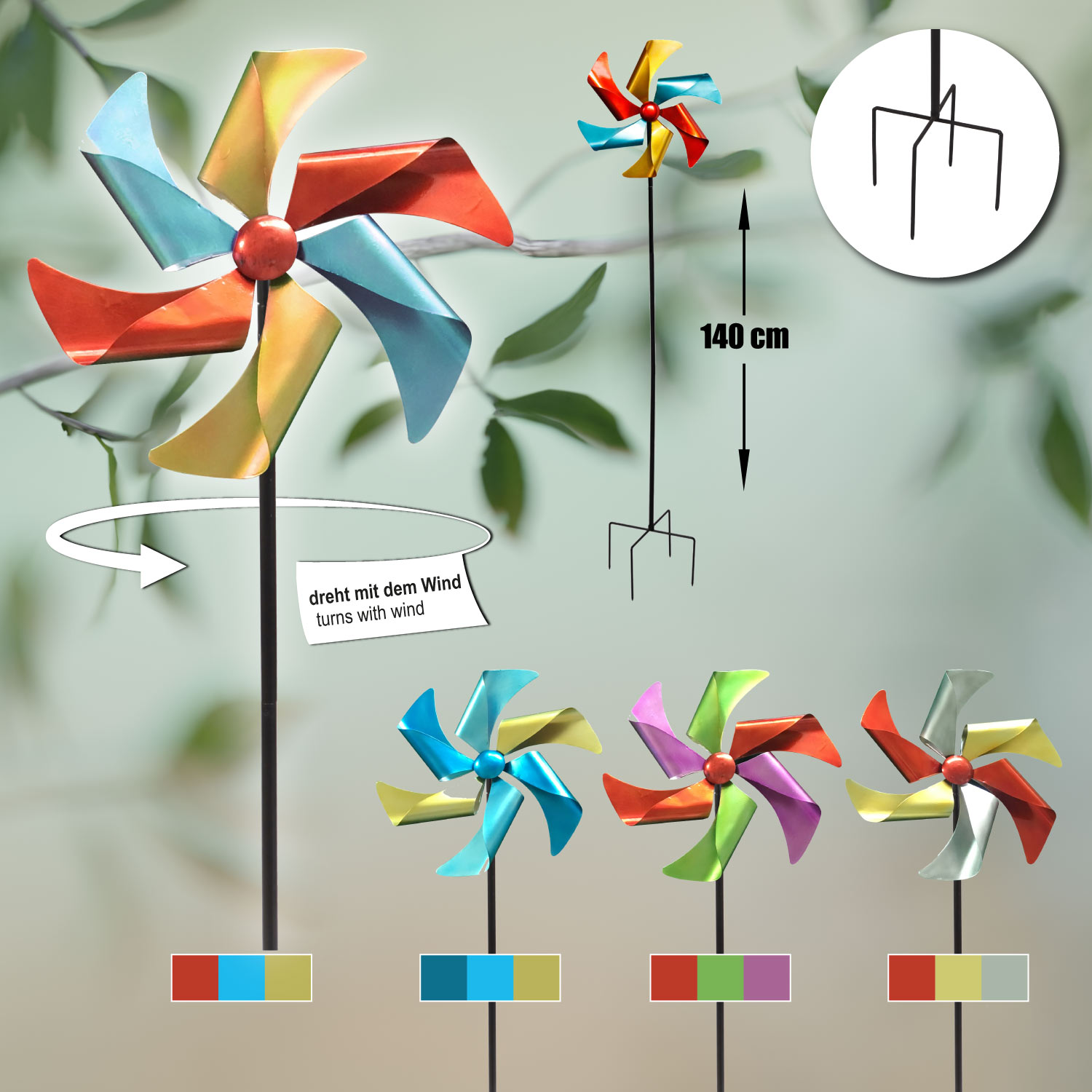 Windrad Windspiel Metall Gartendeko Balkon Terrasse Erdspieß Farbe wählbar