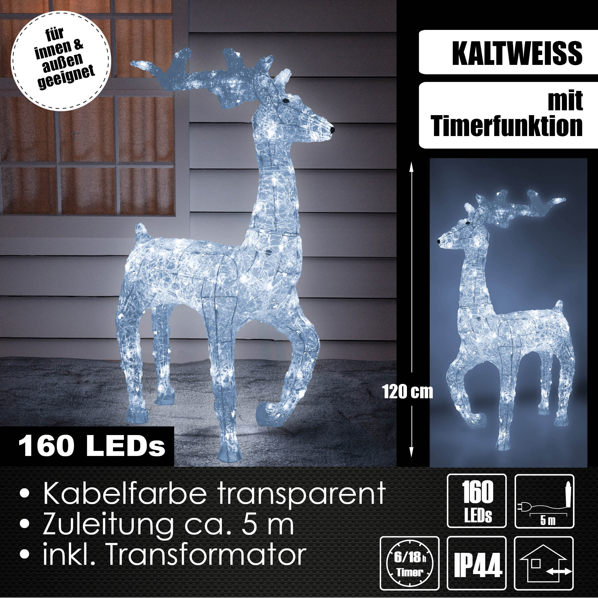 XXL LED Acryl Hirsch Weihnachtsfigur 120cm beleuchtet Weihnachtsdeko Außen & Innen Kaltweiß