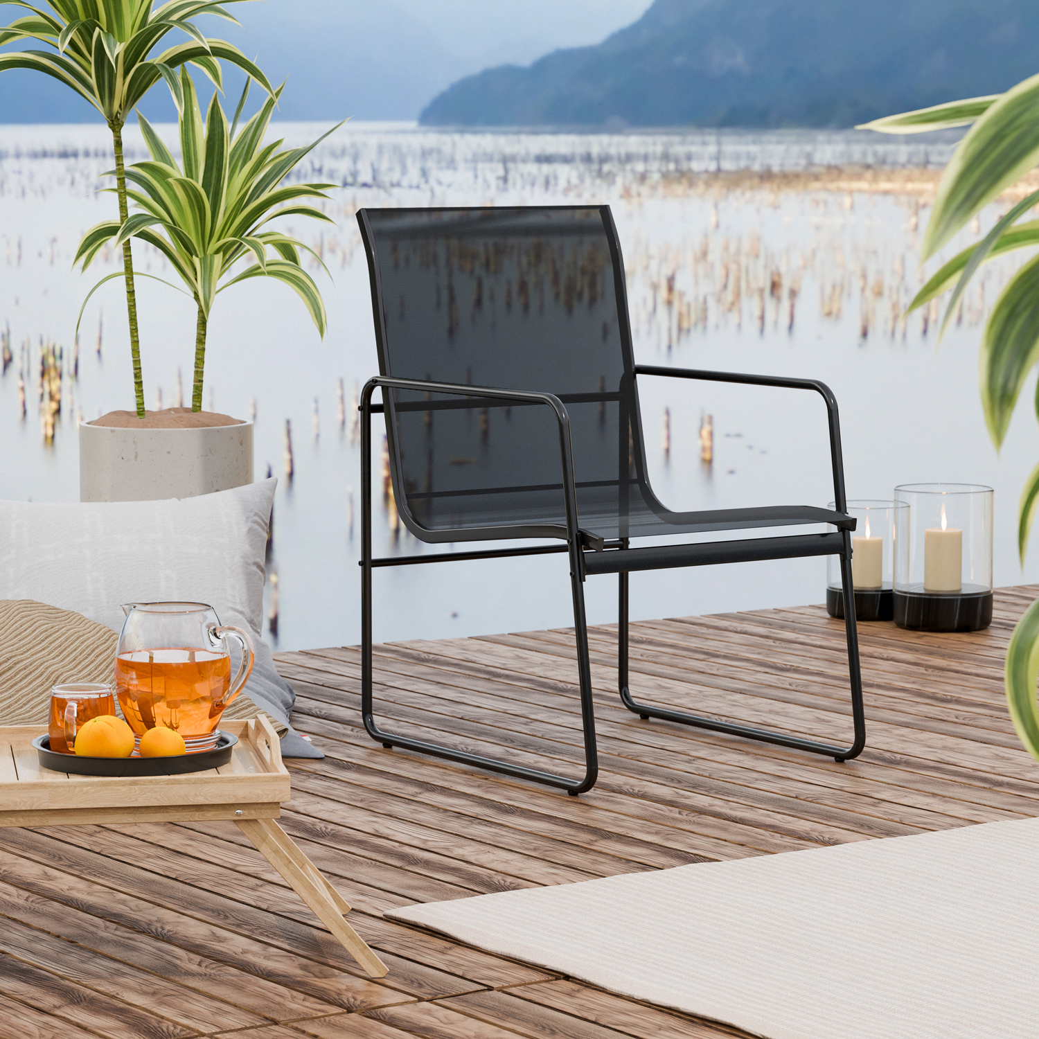 Lounge Sessel Gartenstuhl Gartenmöbel Stahl Metallrahmen schwarz
