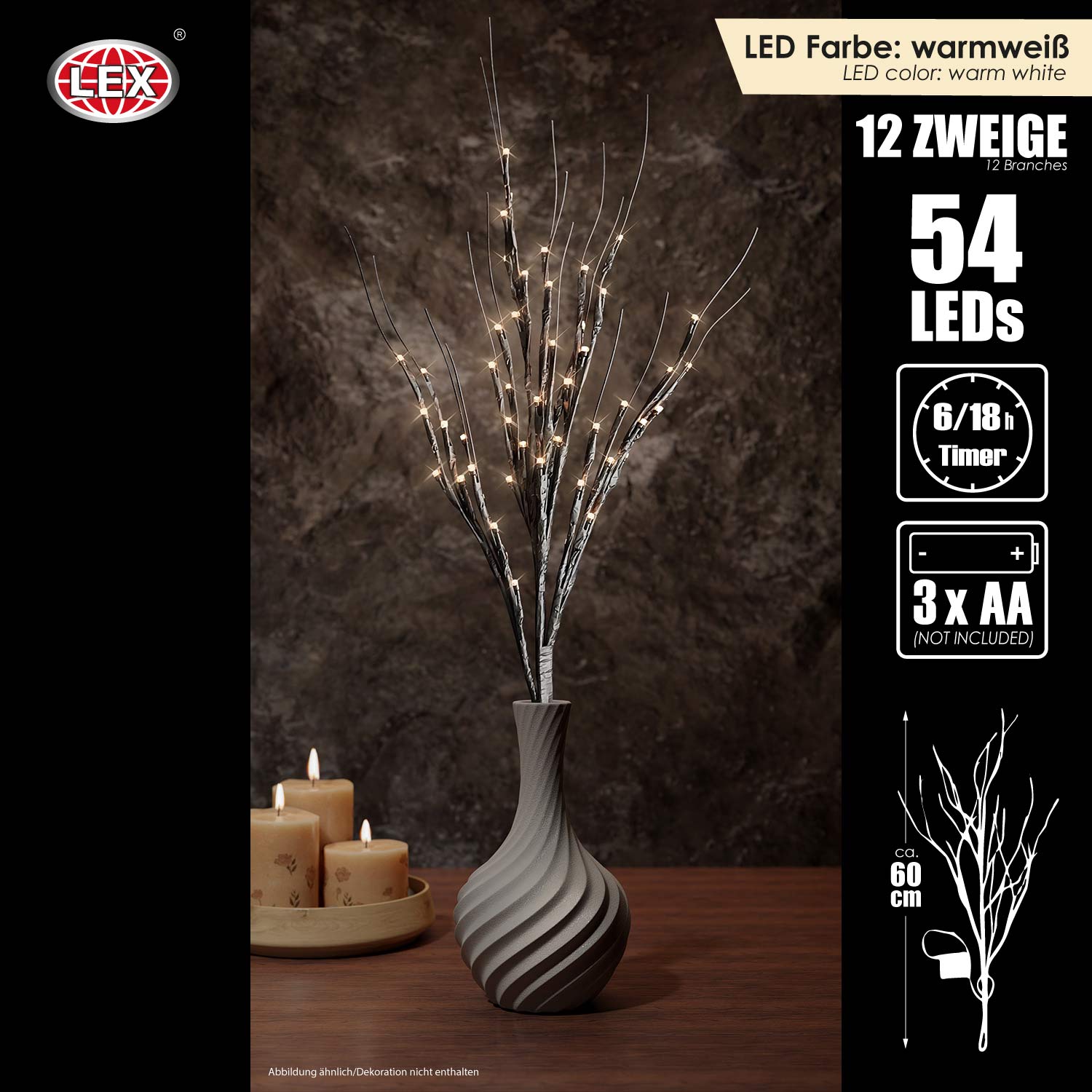 LED Lichterzweig Lichterkette Dekozweige 54 LEDs Batterie schwarz