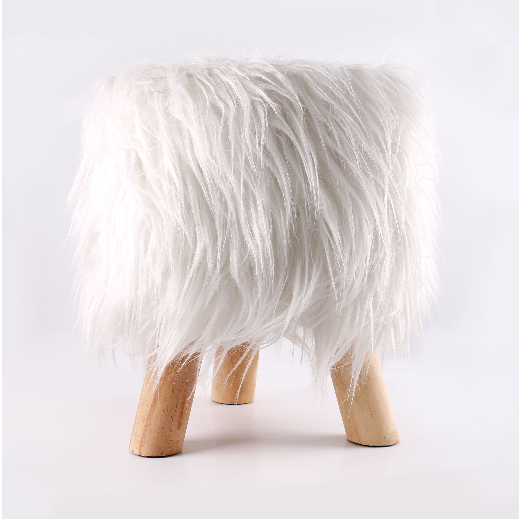 Hochwertiger Langhaar Fellhocker Kunstfell Sitzhocker Polsterhocker 30cm weiss
