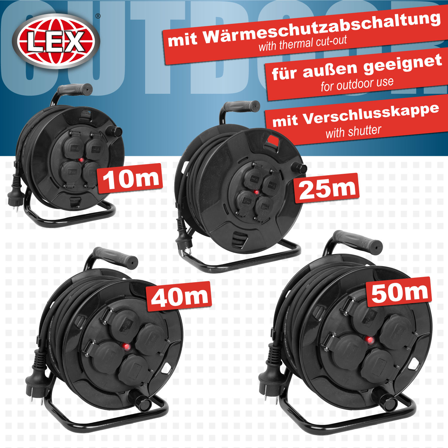 Outdoor Kabeltrommel 50m IP44 Verlängerungskabel Kabelrolle Haushalt Wärmeschutz