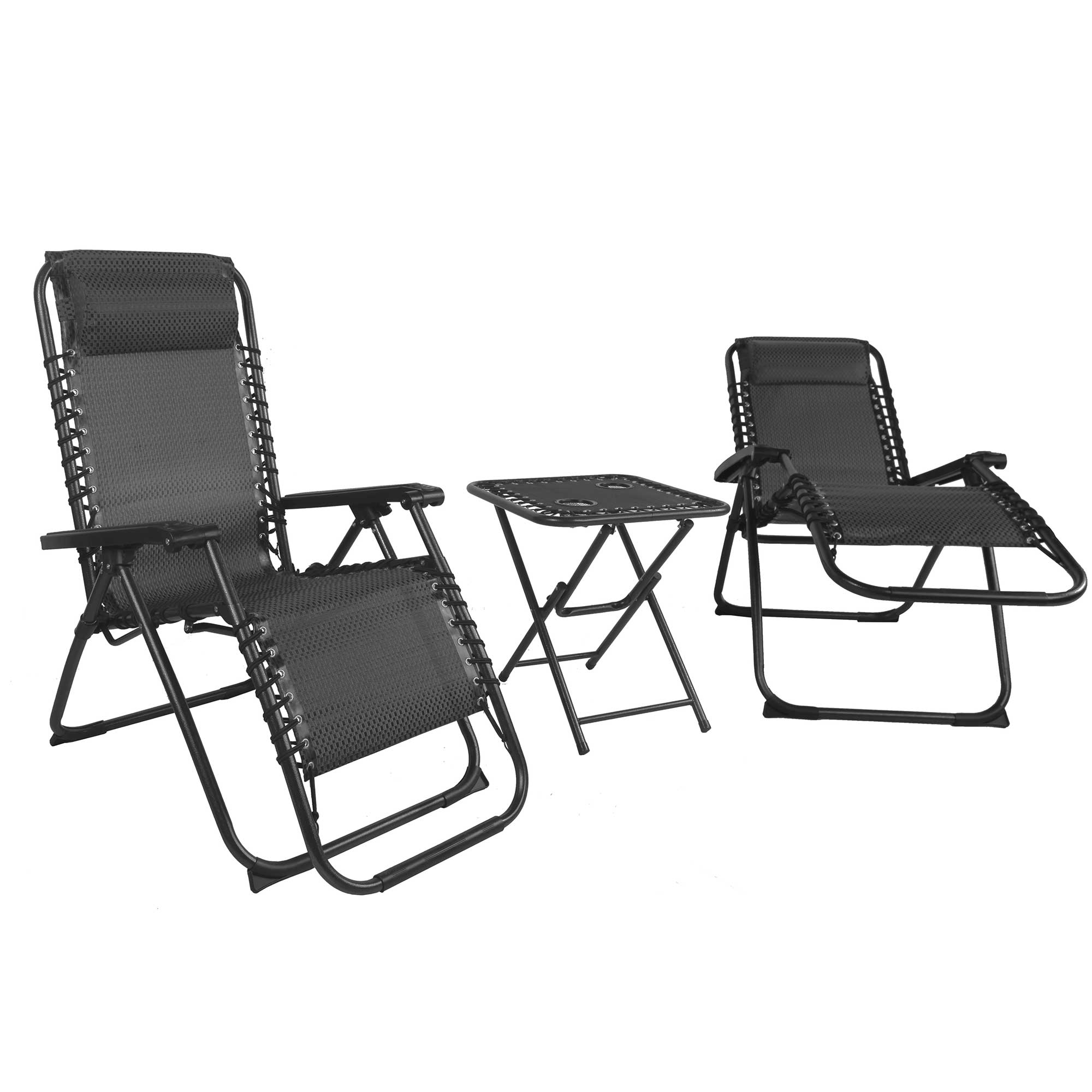 3 tlg. Relax Set Sessel m. Kopfkissen Tisch Gartenstuhl Gartenmöbel Liegesessel schwarz/grau