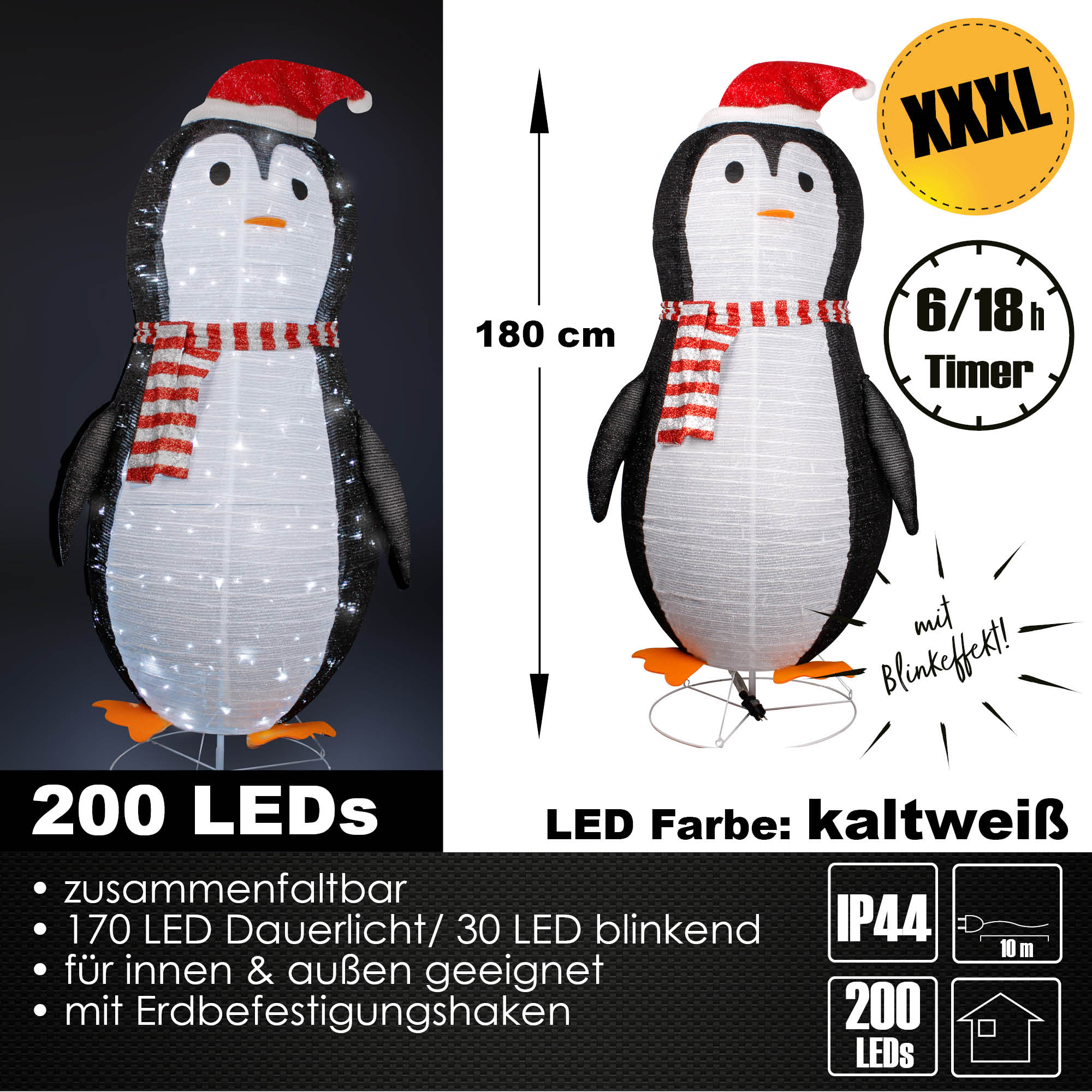 XXXL LED Weihnachtsfigur 180 cm Pinguin Figur beleuchtet Weihnachtsdeko Timer