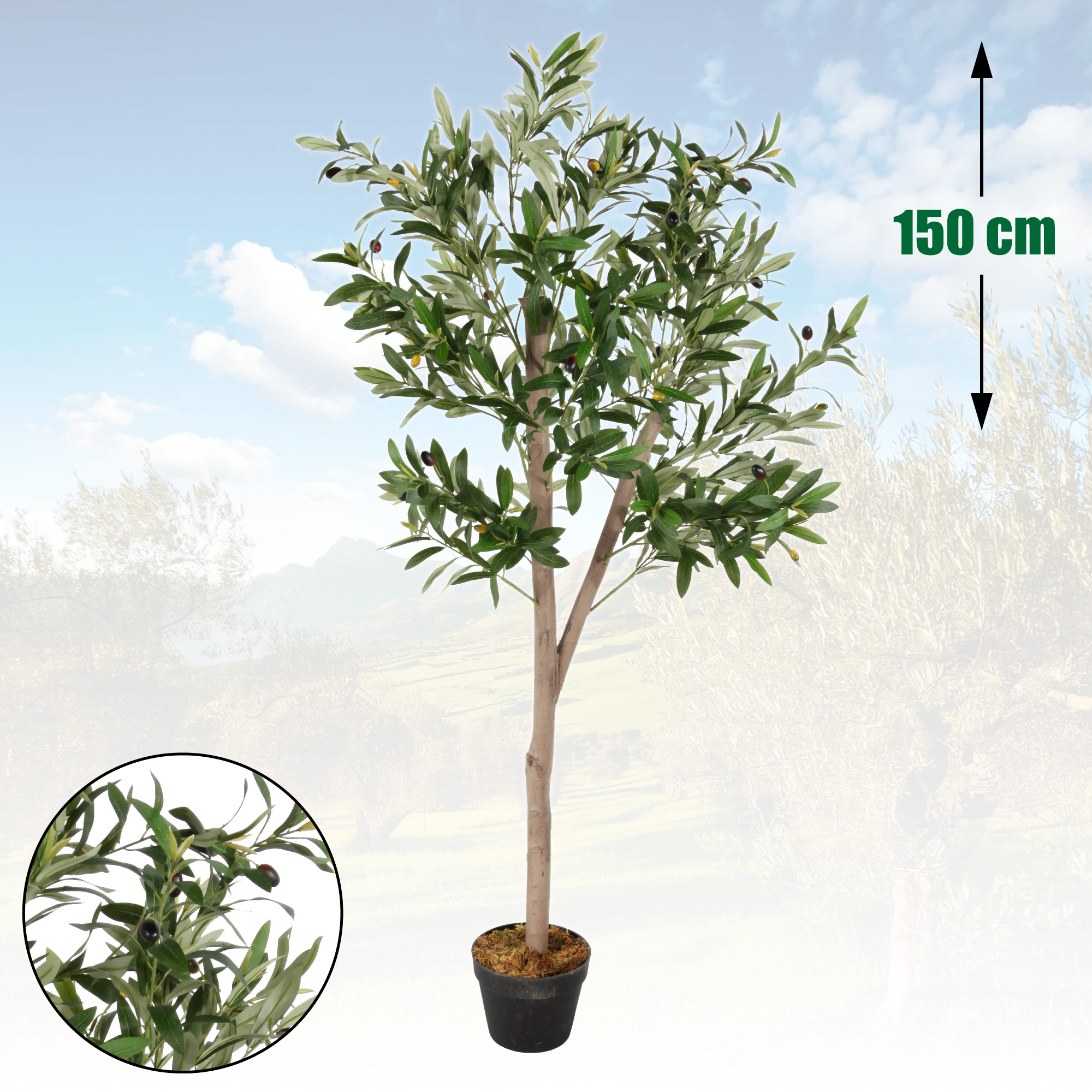 Kunstpflanze Plastikpflanze Olivenbaum Kunstbaum mit Blumentopf 150 cm