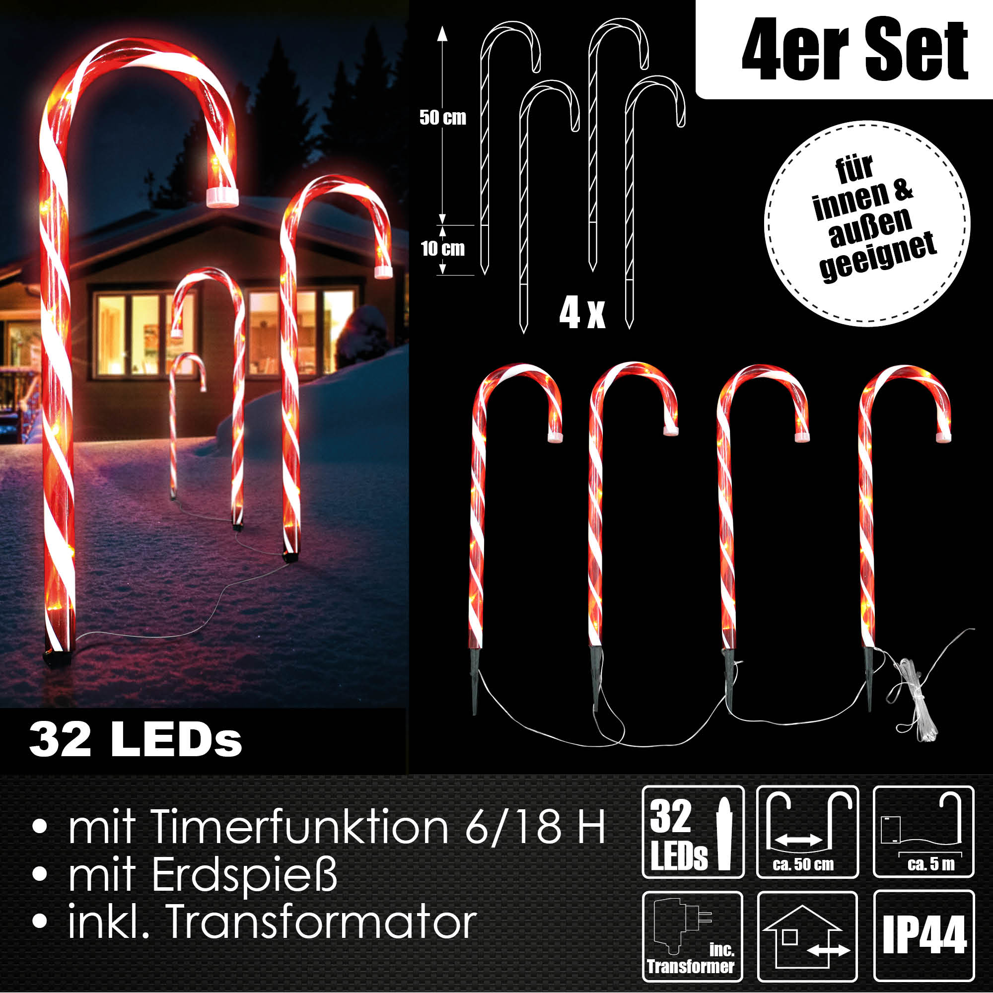 4x LED Zuckerstangen 50 cm für Außen & Innen Timerfunktion Lichterkette Deko